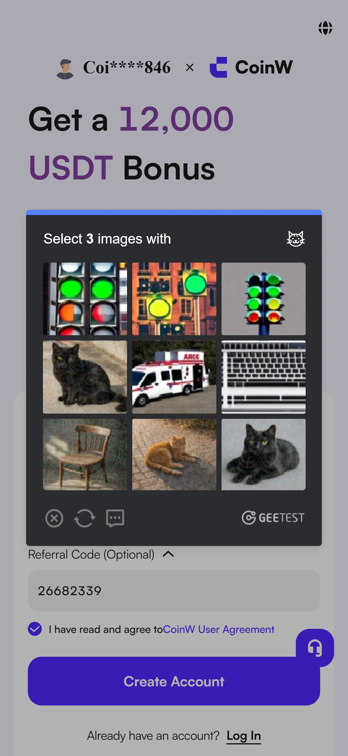CoinW mobile GeeTest image verification asking to select three matching images