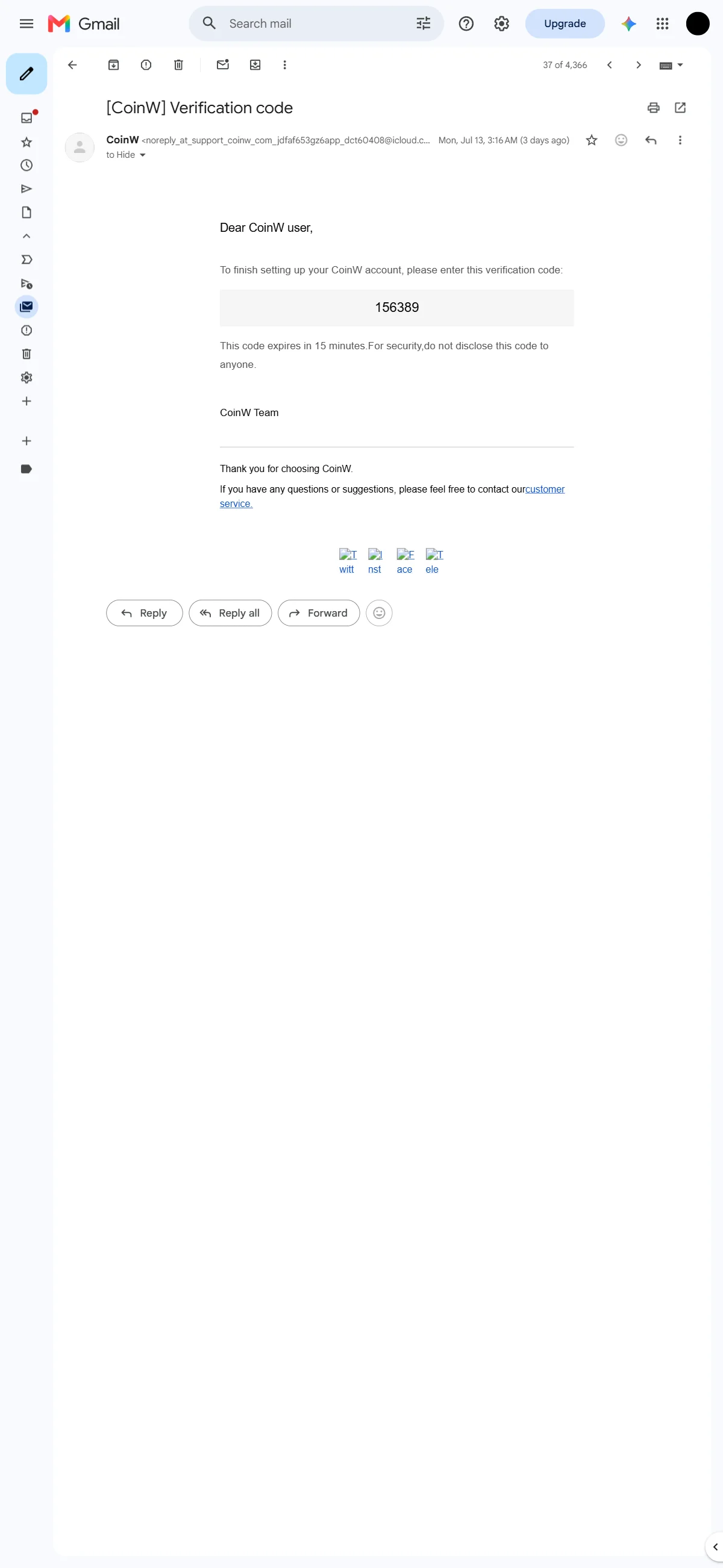 CoinW verification code email showing the six-digit code on mobile