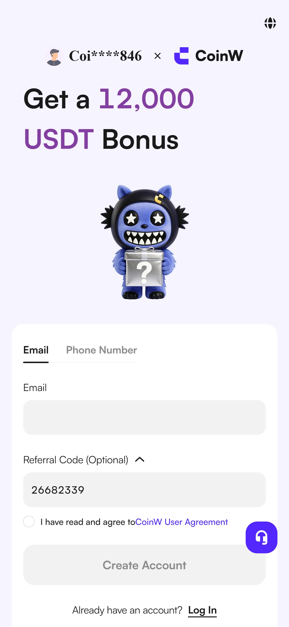 CoinW mobile sign-up form with the Email field empty and referral code 26682339 prefilled