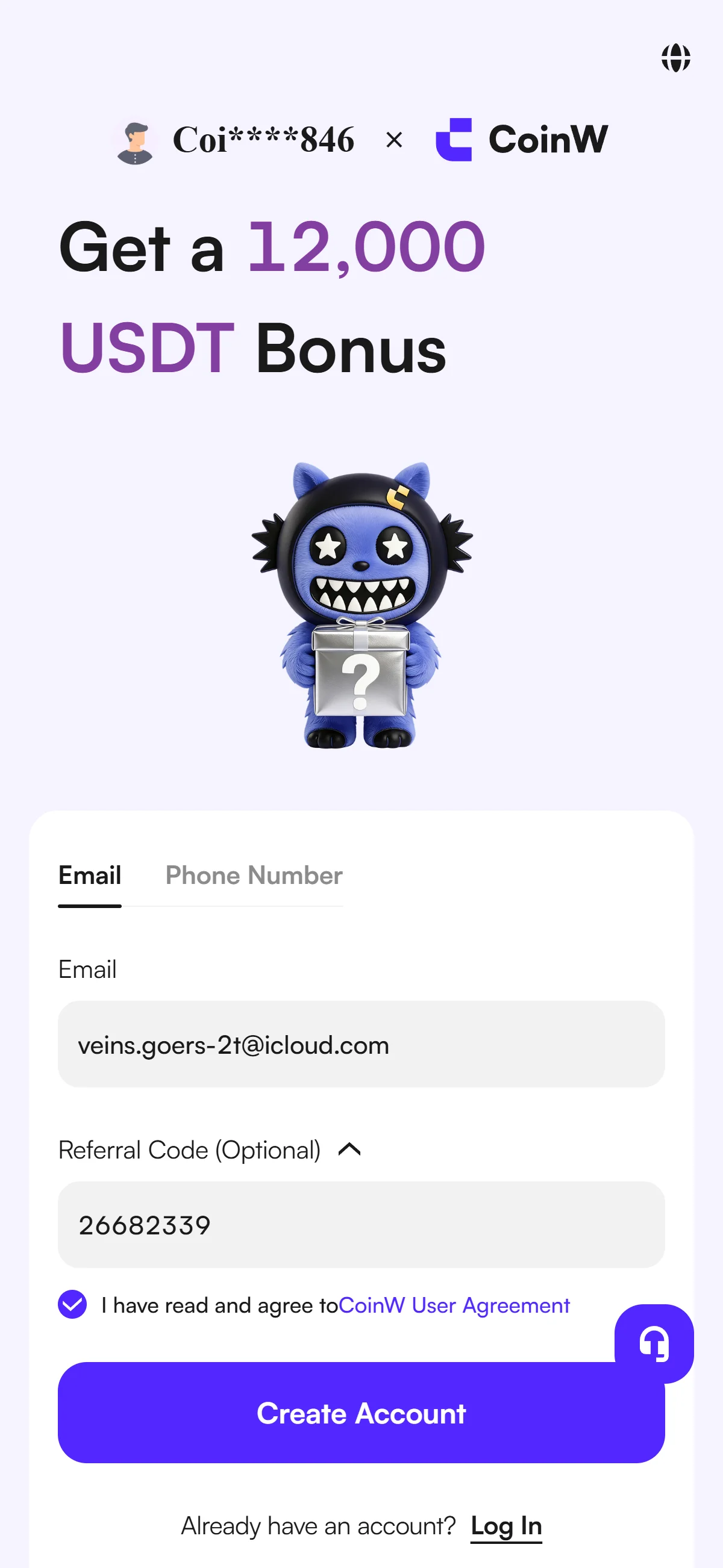 CoinW mobile sign-up form completed with the agreement ticked and Create Account active