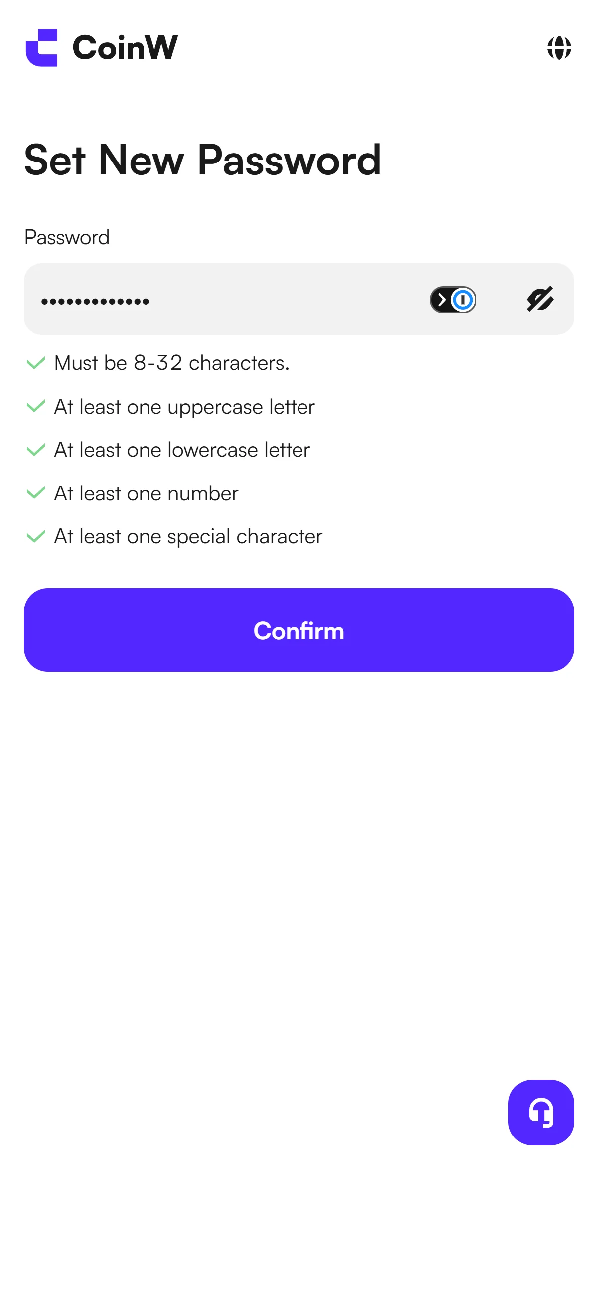 CoinW mobile password screen with all five rules passing and Confirm active