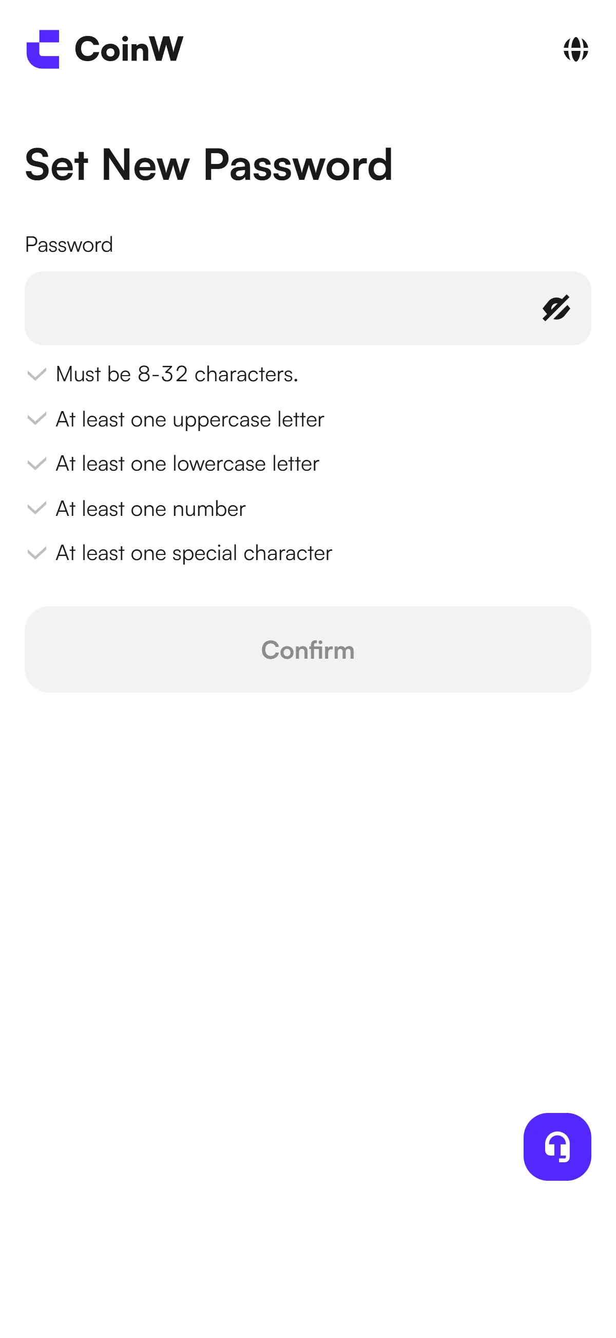 CoinW mobile Set New Password screen with the password rules listed