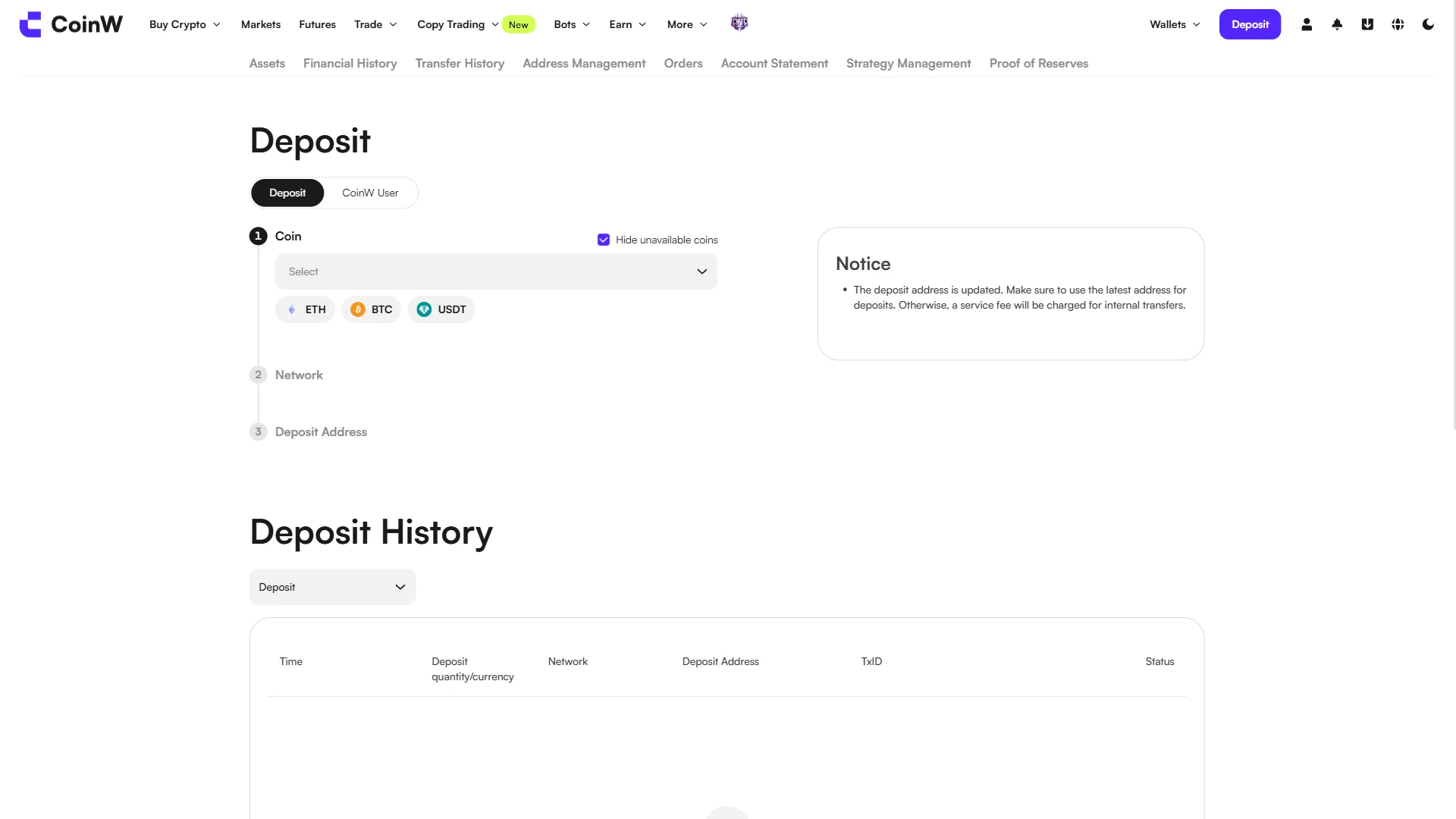 CoinW Deposit page with Coin, Network, and Deposit Address steps