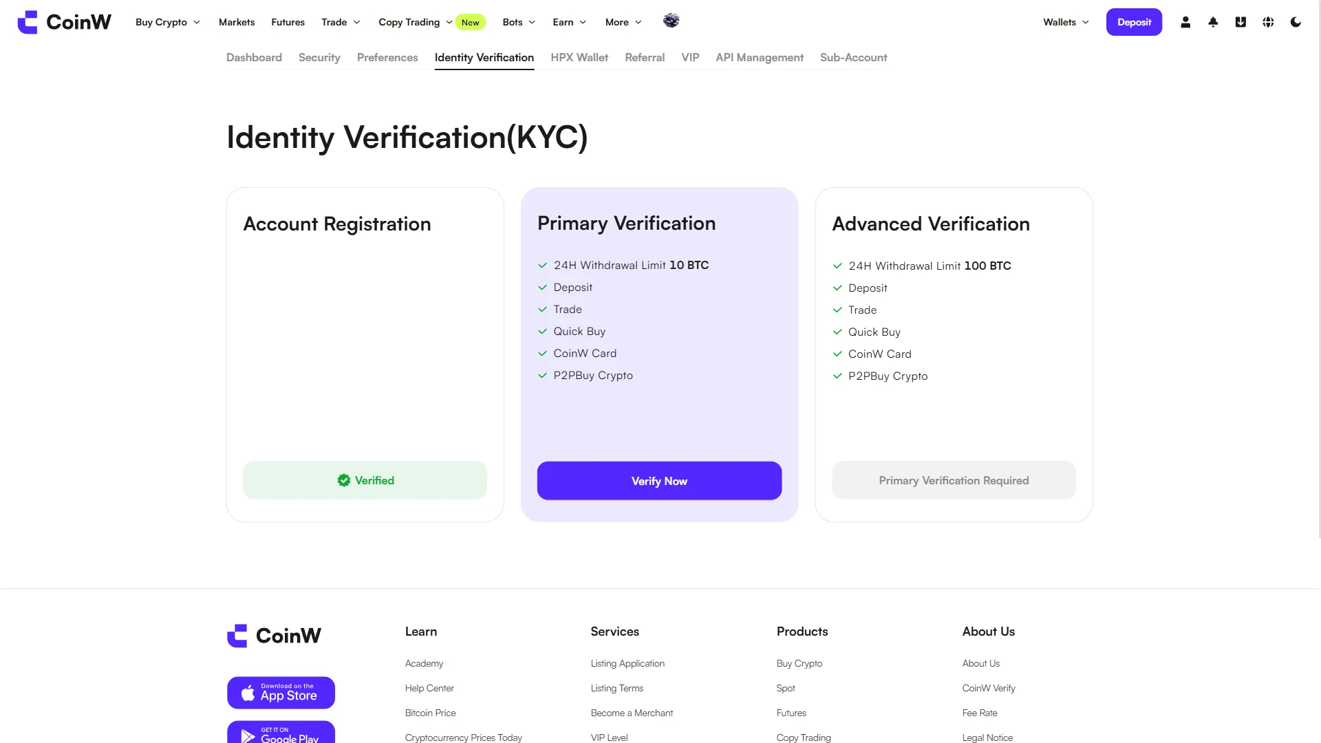 CoinW Identity Verification (KYC) screen showing three verification tiers