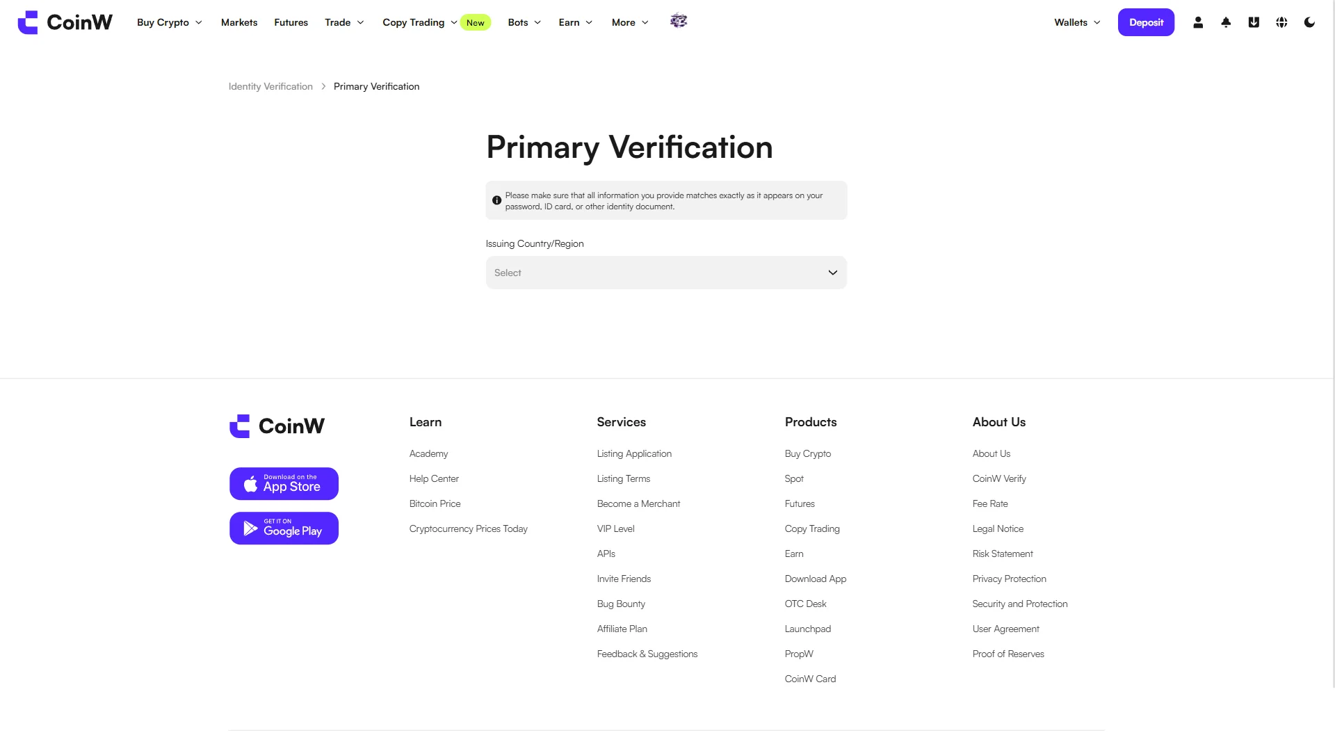 CoinW Primary Verification form with the Issuing Country/Region selector