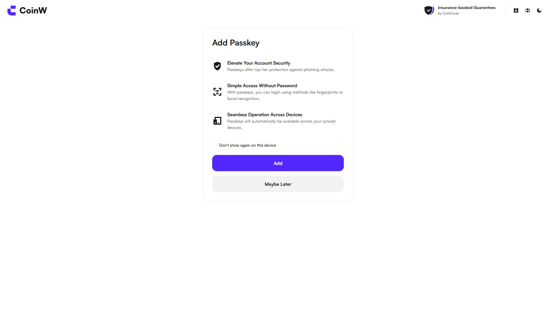 CoinW Add Passkey dialog with Add and Maybe Later options