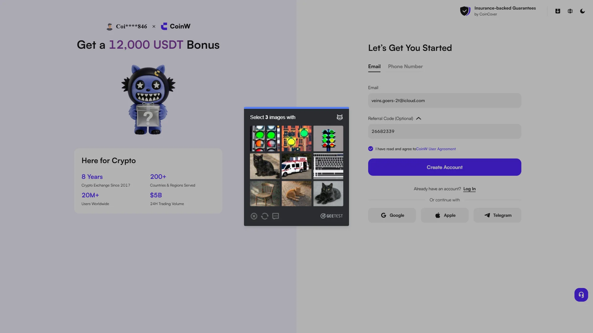 CoinW GeeTest image verification asking to select three matching images