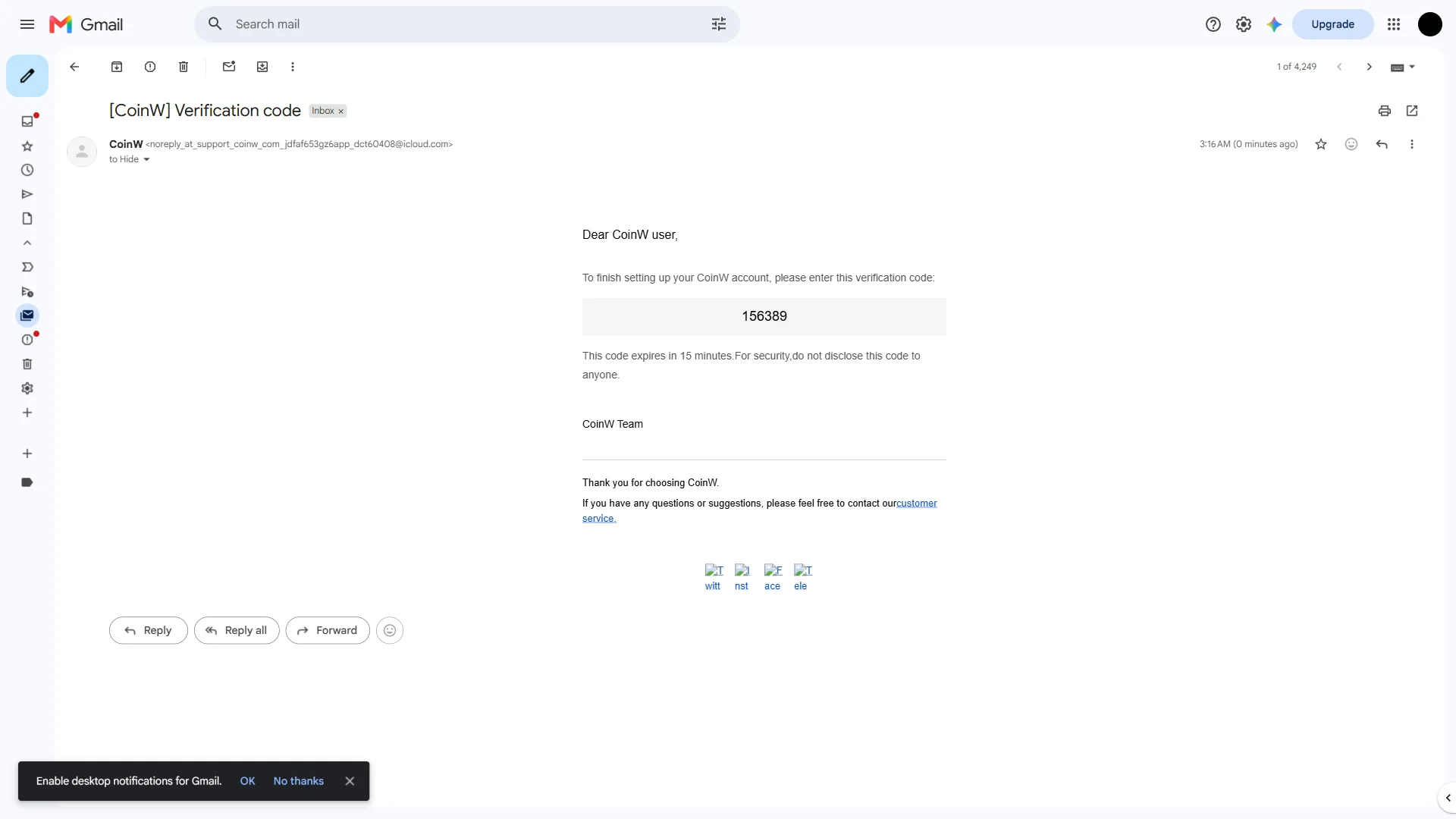 CoinW verification code email showing the six-digit code