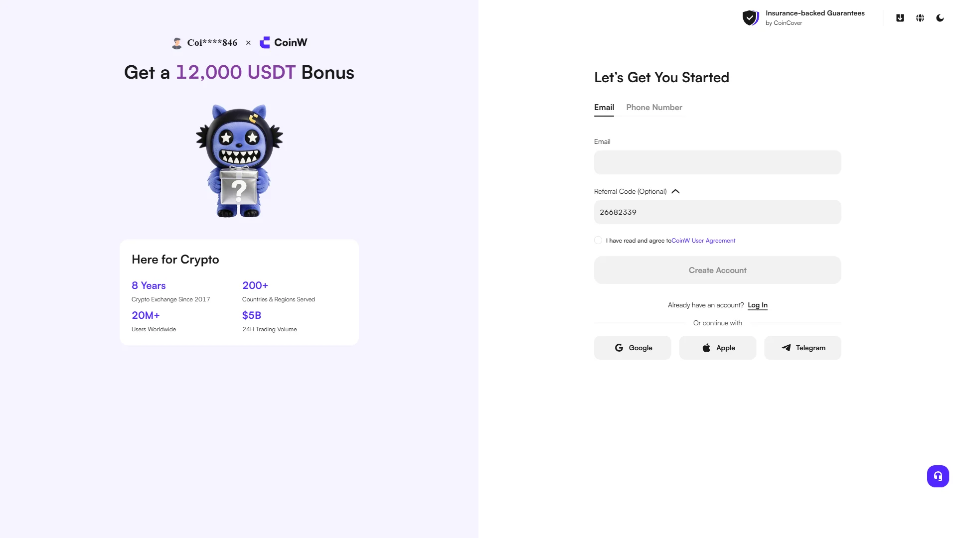 CoinW sign-up form with the Email field empty and referral code 26682339 prefilled