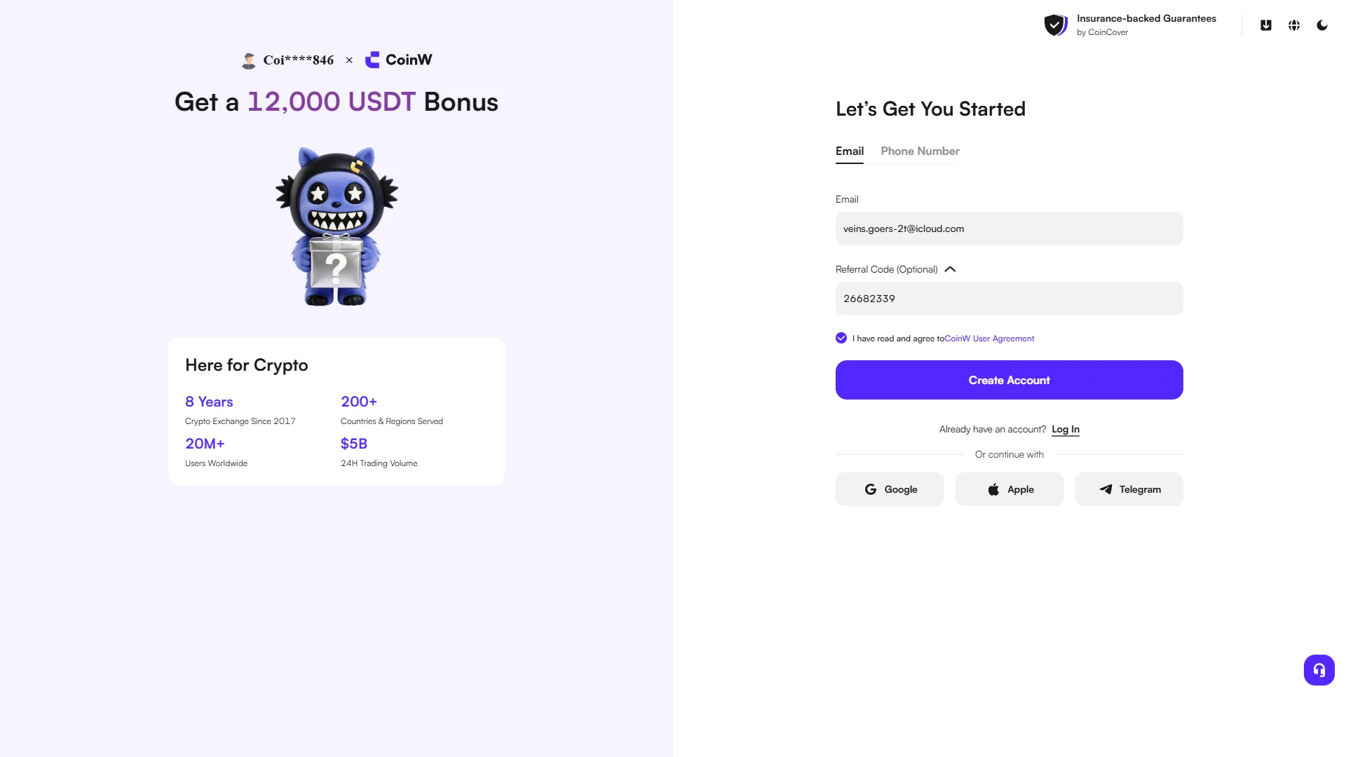 CoinW sign-up form completed with the agreement ticked and Create Account active