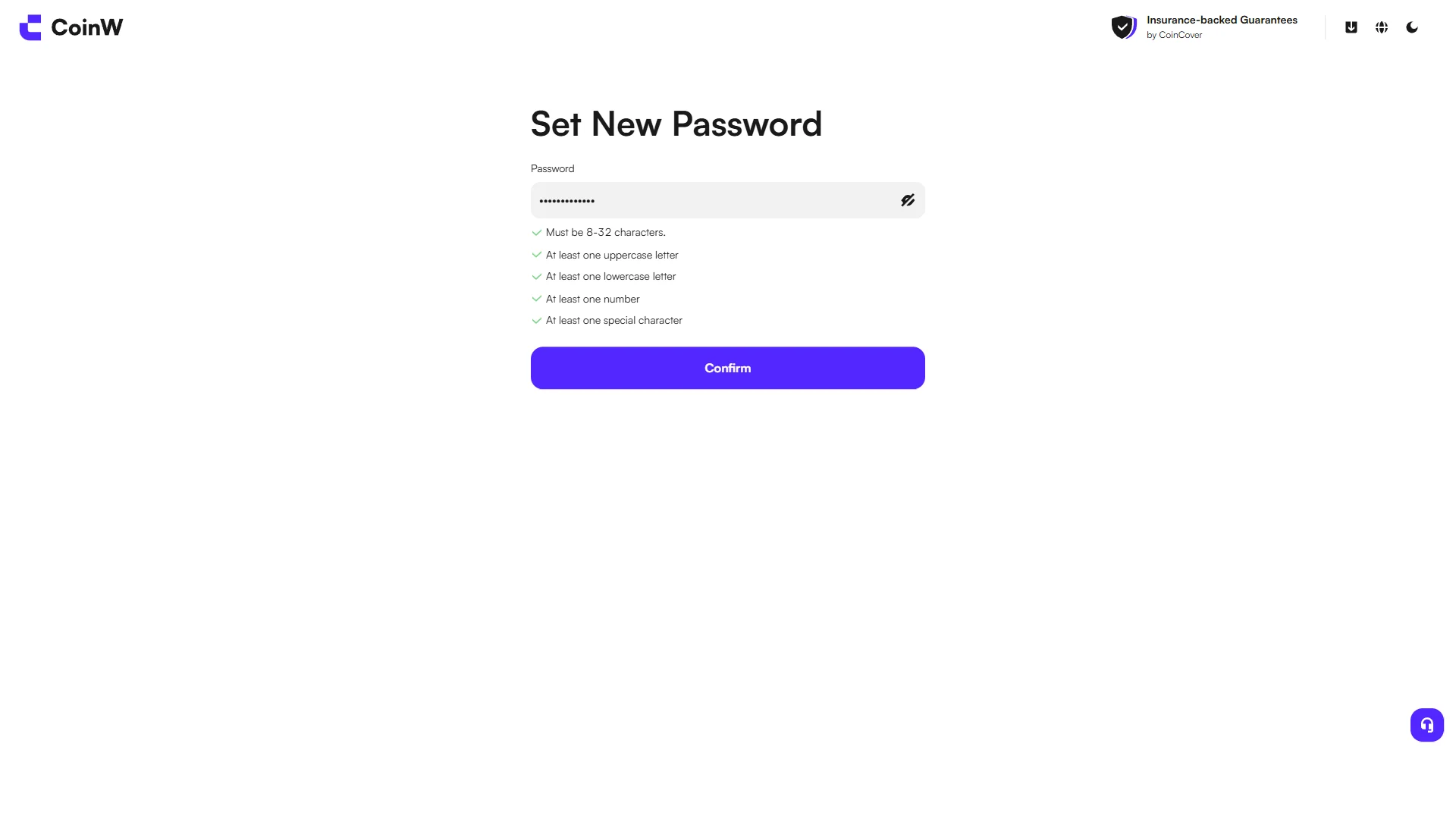 CoinW password screen with all five rules passing and Confirm active