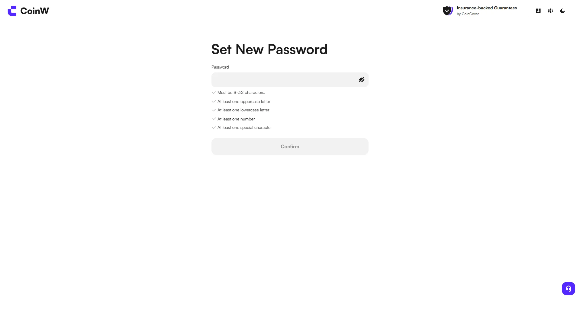 CoinW Set New Password screen with the password rules listed