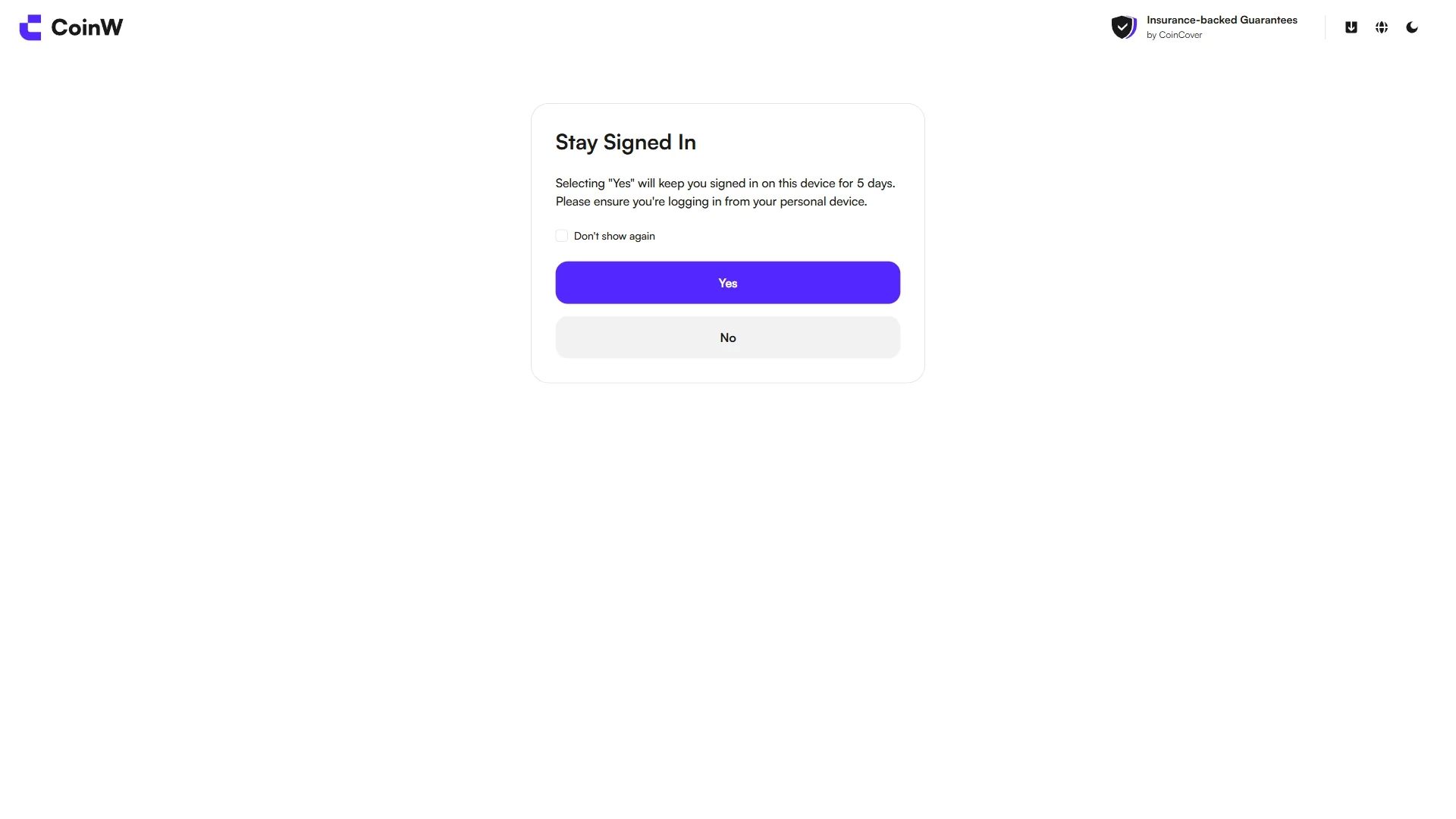 CoinW Stay Signed In dialog with Yes and No options