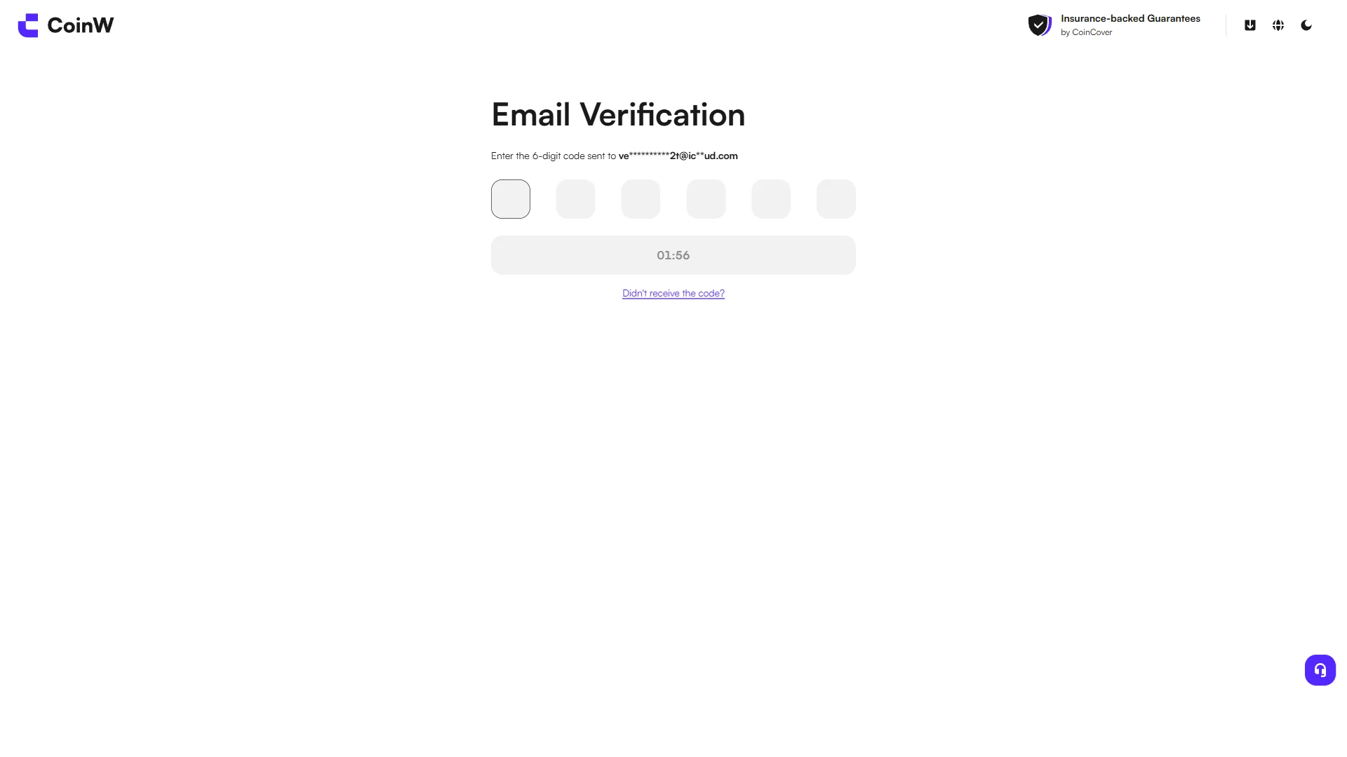 CoinW Email Verification screen with six empty code fields