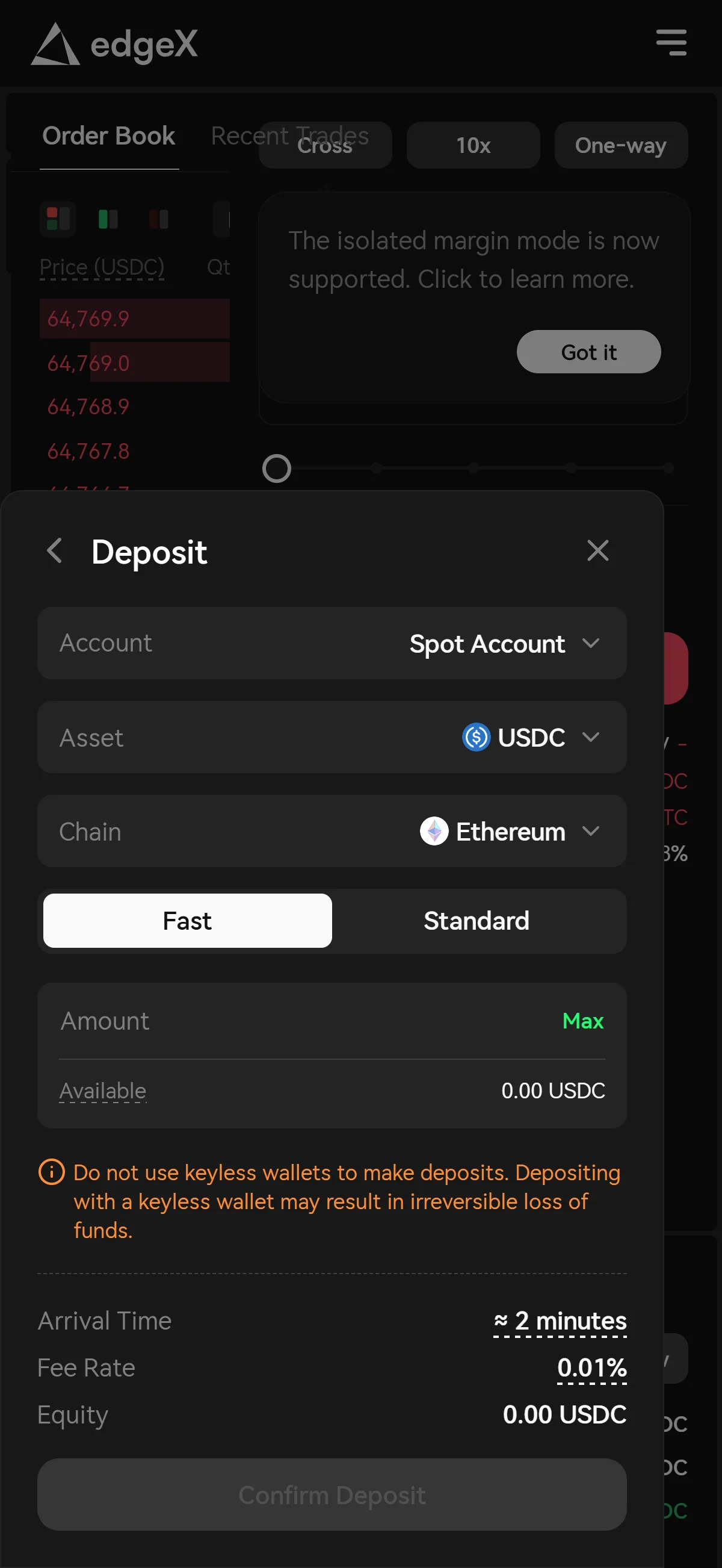 The form shows "Spot Account" as the destination, "Fast" selected, a keyless-wallet warning, and a 0.01% fee with about 2 minutes arrival.