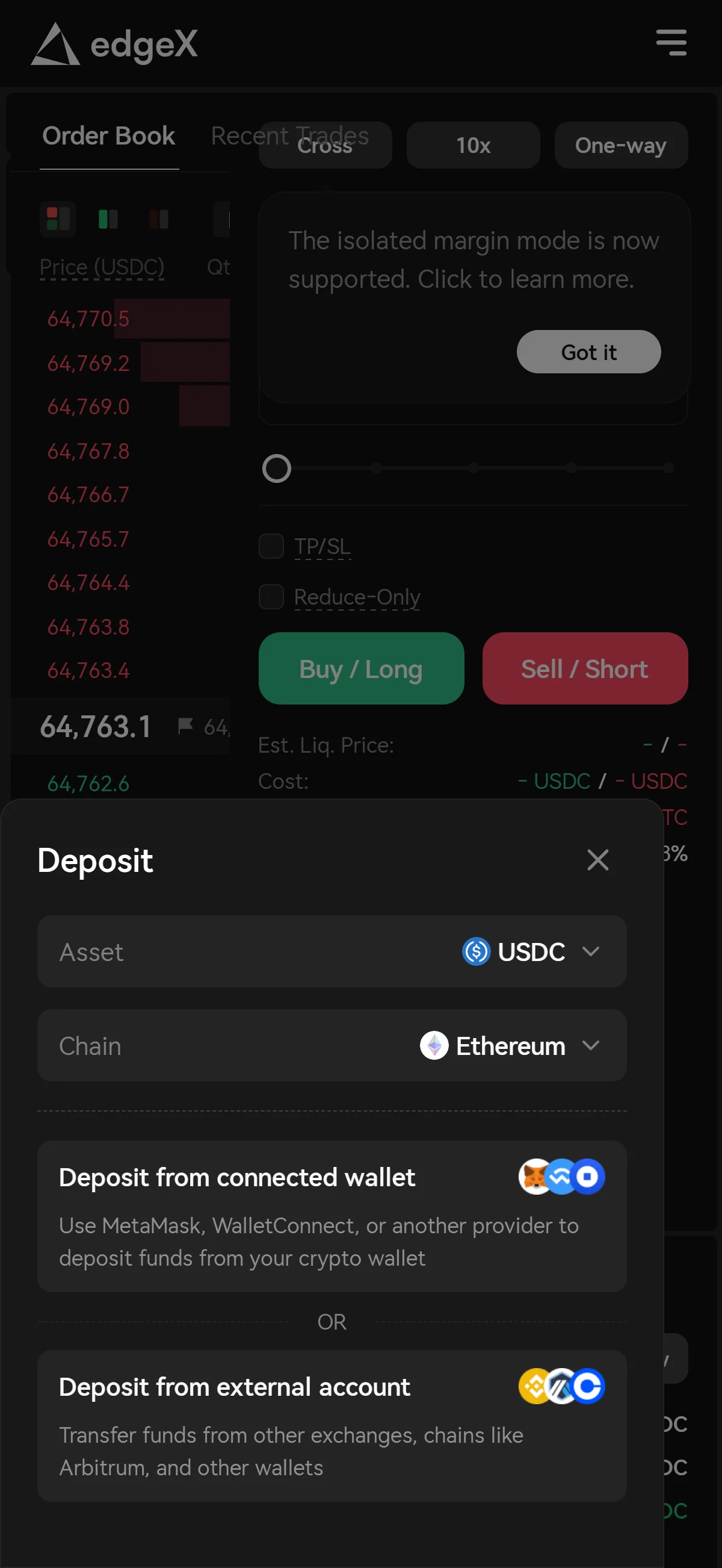 The deposit modal shows USDC on Ethereum above two routes: from the connected wallet, or from an external account.