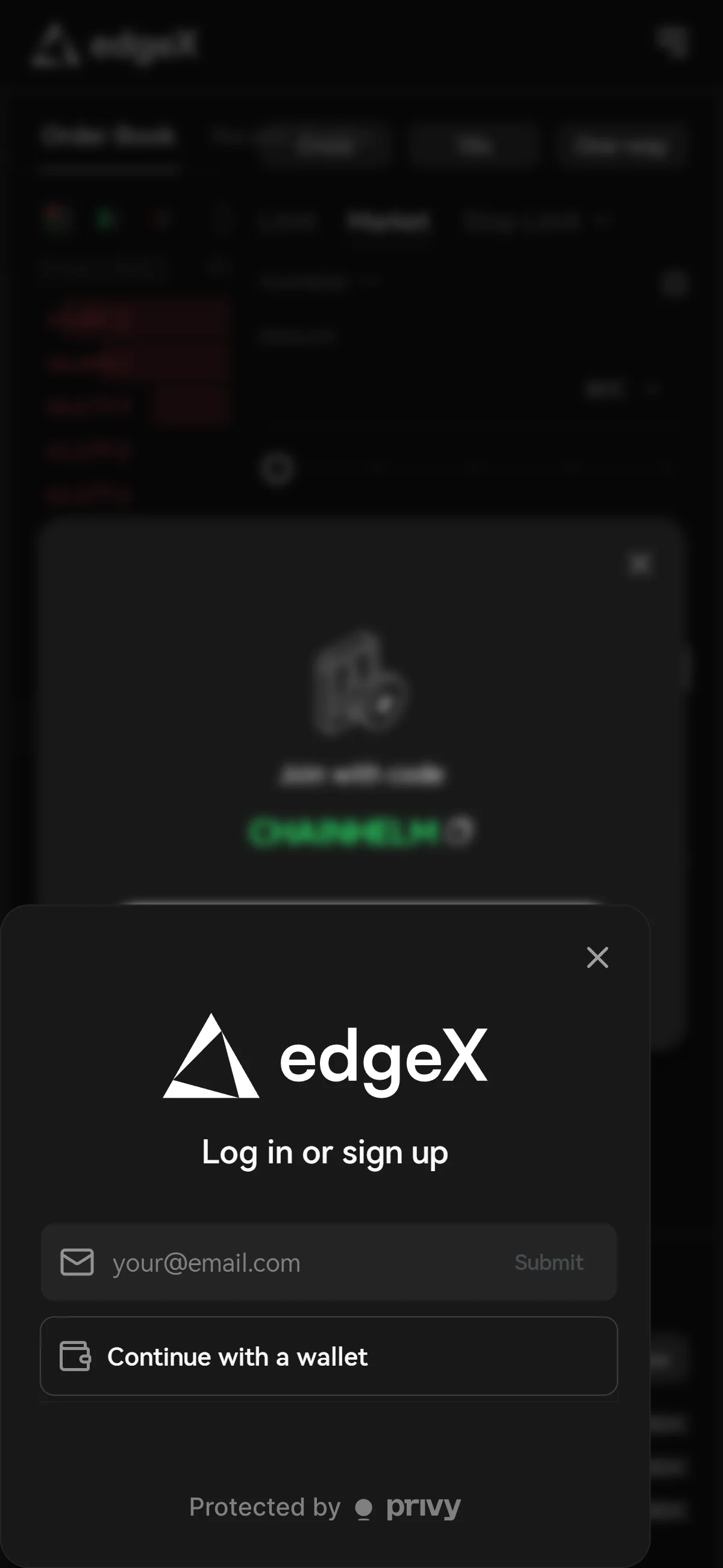 The "Log in or sign up" modal offers an email field with "Submit" and "Continue with a wallet", above a "Protected by privy" note.