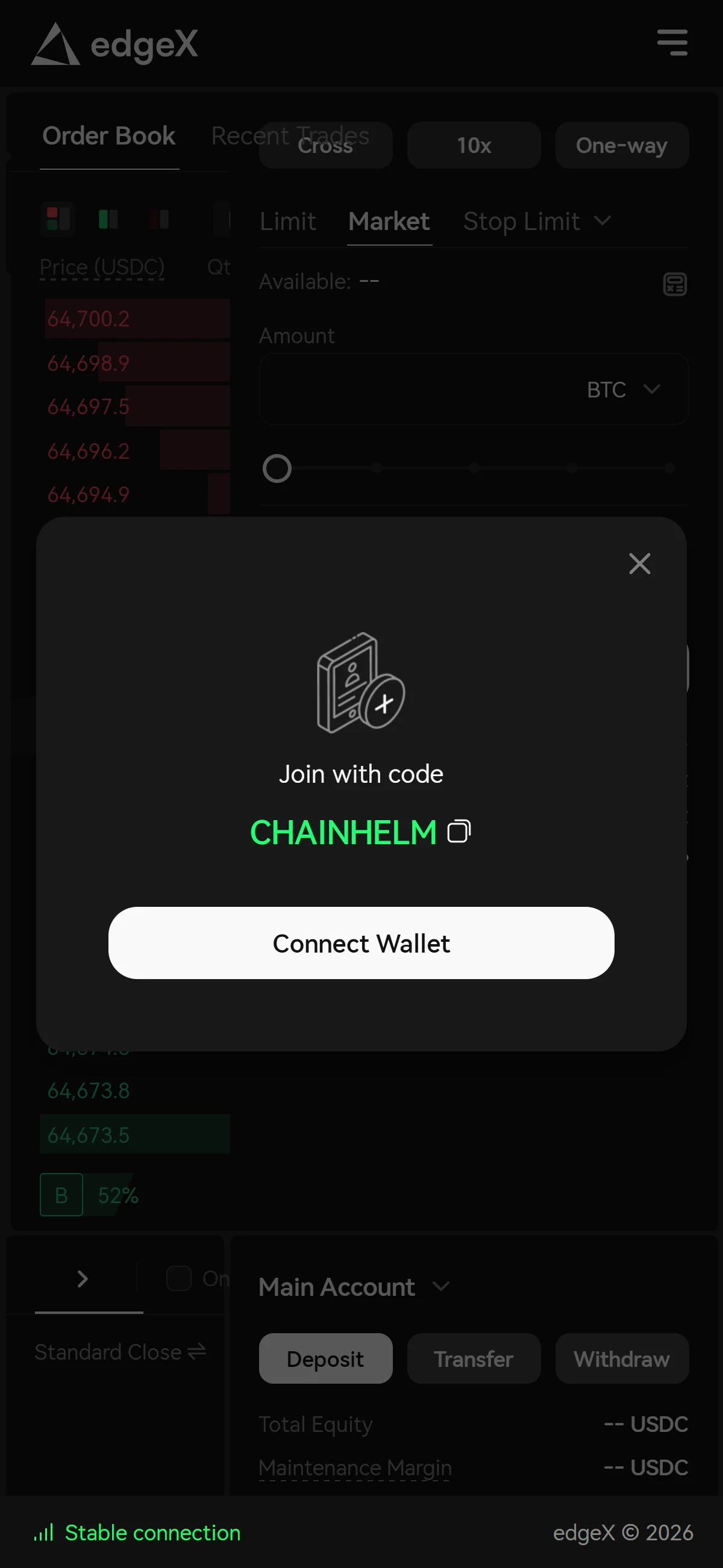 A "Join with code" modal over the BTCUSDC screen shows "CHAINHELM" already applied above the "Connect Wallet" button.