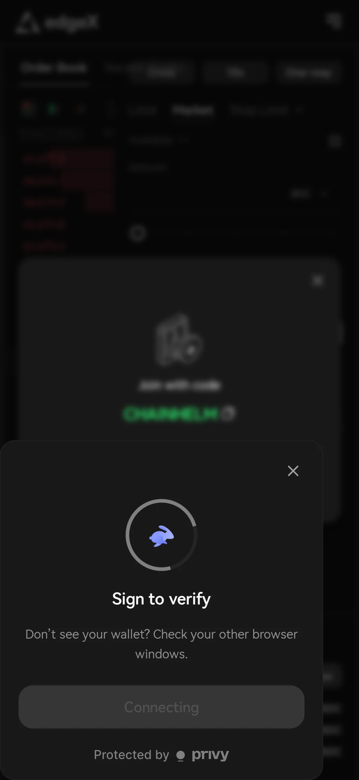 The page waits in a "Sign to verify" state with a disabled "Connecting" button and a hint to check other browser windows.