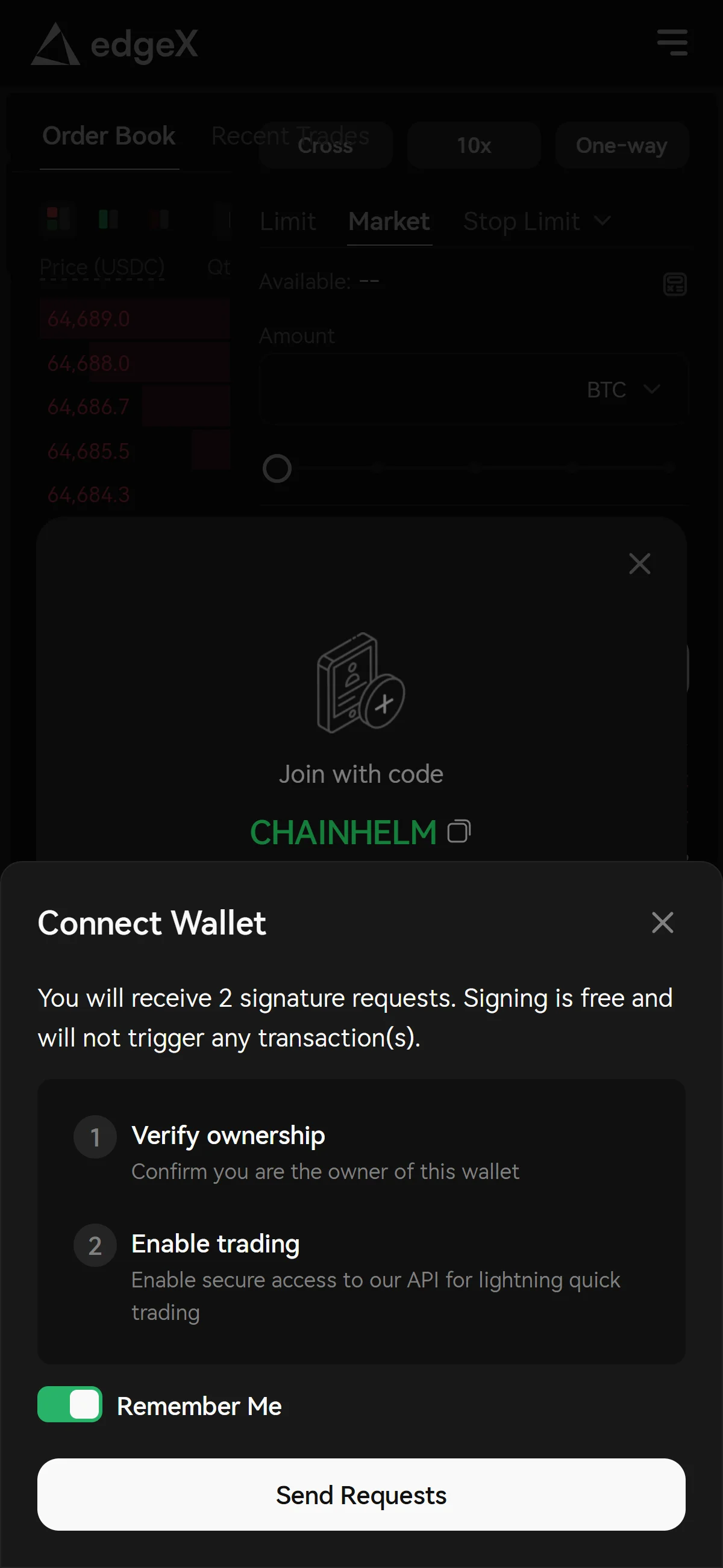 The modal lists "Verify ownership" and "Enable trading" as two free signatures, with "Remember Me" on above "Send Requests".