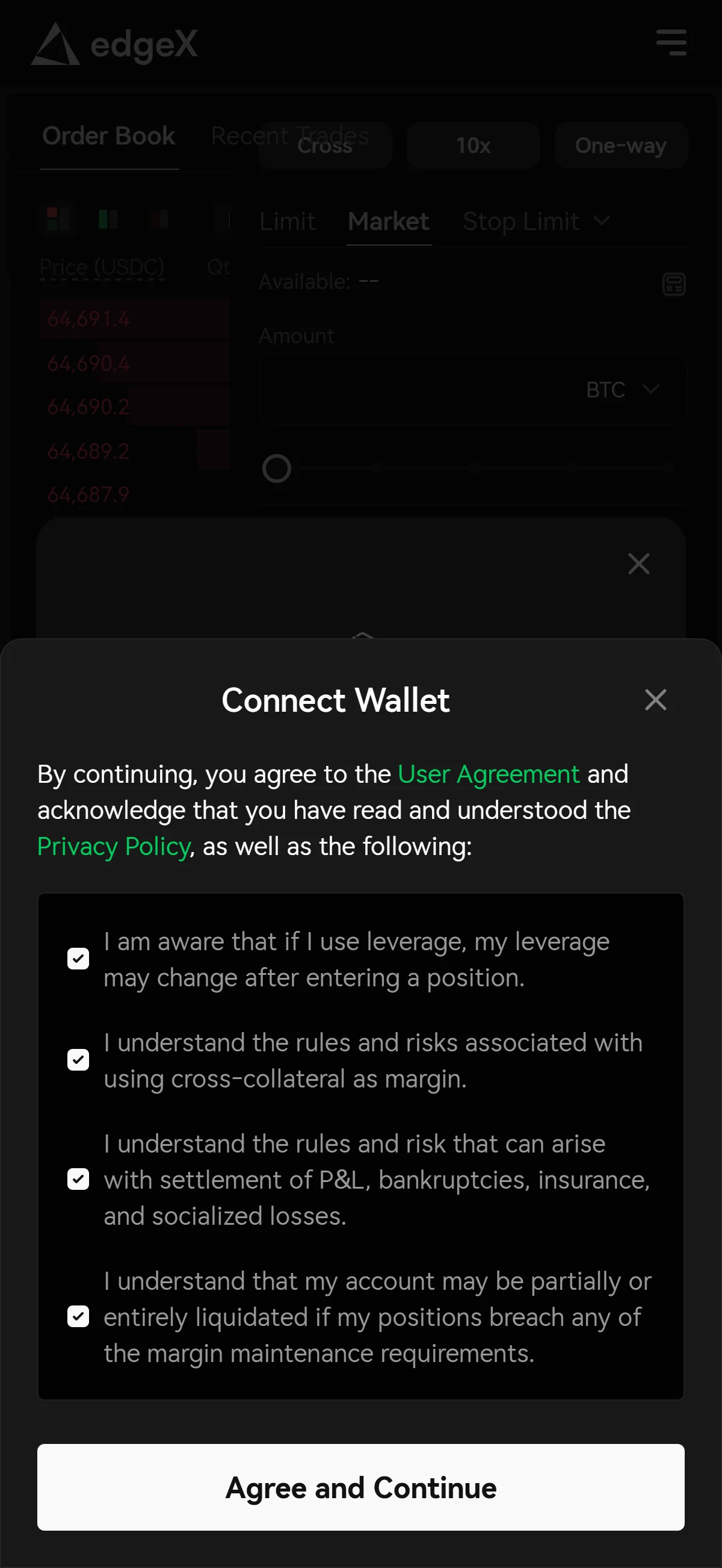 The "Connect Wallet" modal shows the agreement and privacy links above four checked risk acknowledgments and "Agree and Continue".