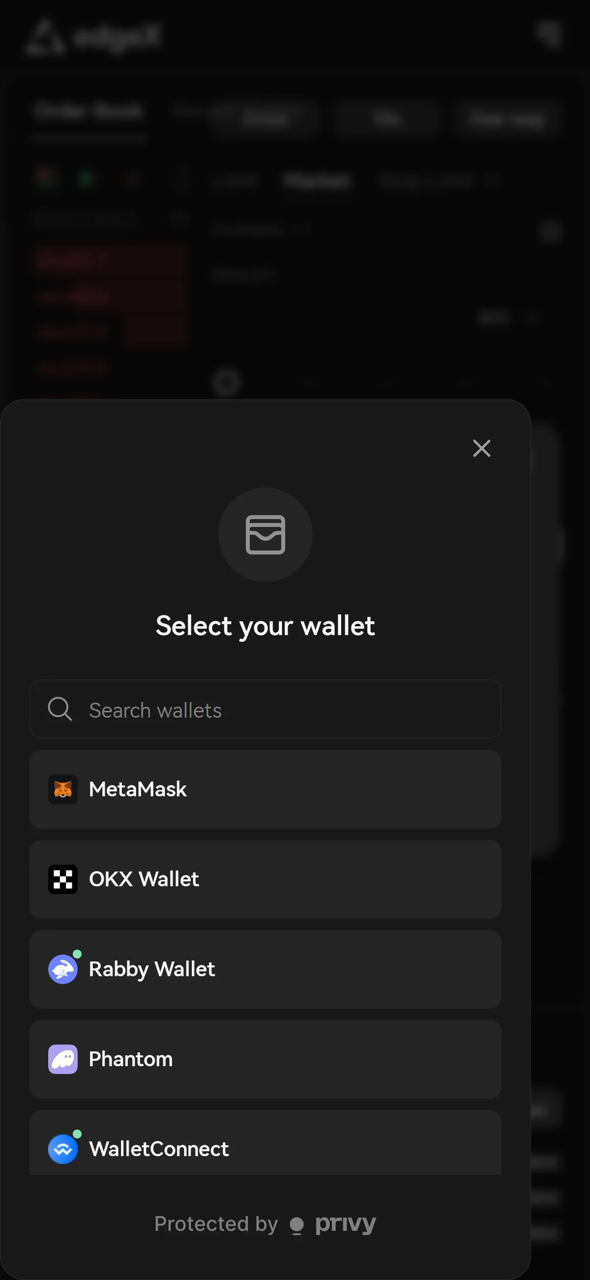 A search field sits above the wallet list, which shows "MetaMask", "OKX Wallet", "Rabby Wallet", "Phantom", and "WalletConnect".