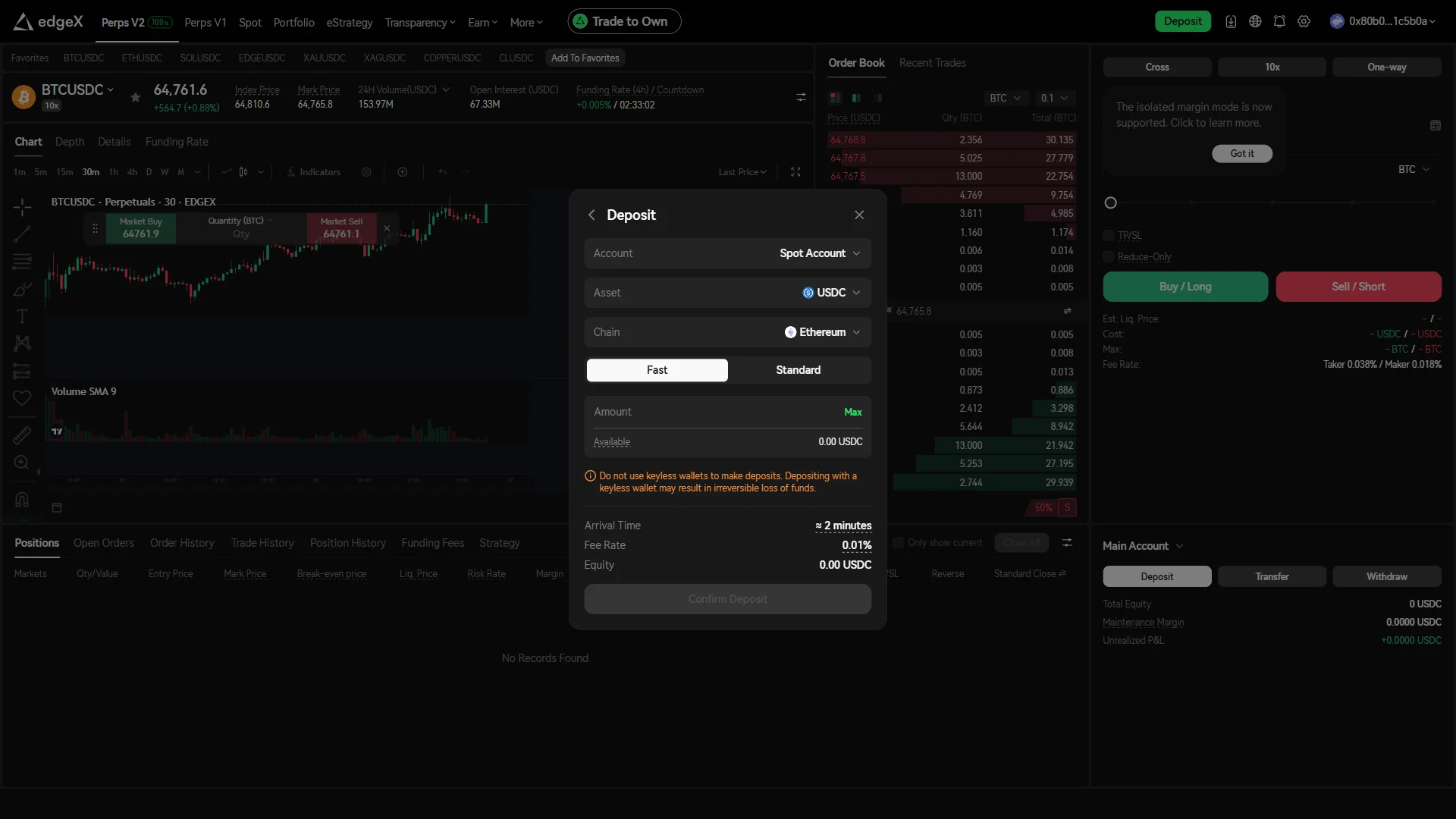 The form shows "Spot Account" as the destination, "Fast" selected, a keyless-wallet warning, and a 0.01% fee with about 2 minutes arrival.