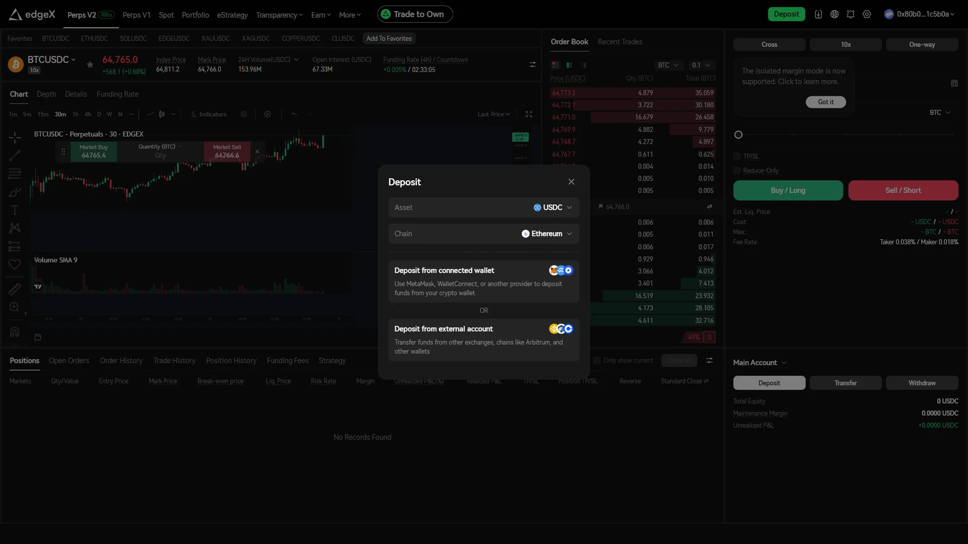 The deposit modal shows USDC on Ethereum above two routes: from the connected wallet, or from an external account.