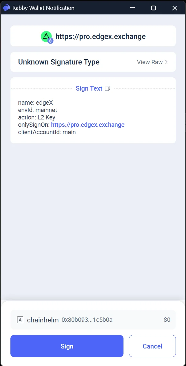 The request shows an "L2 Key" action with "onlySignOn" pinned to the official domain, under an "Unknown Signature Type" title.