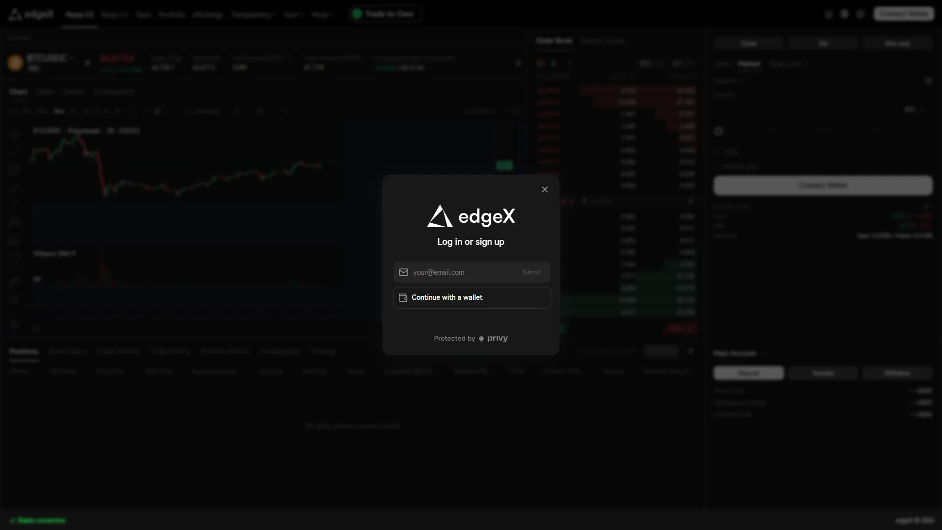 The "Log in or sign up" modal offers an email field with "Submit" and "Continue with a wallet", above a "Protected by privy" note.