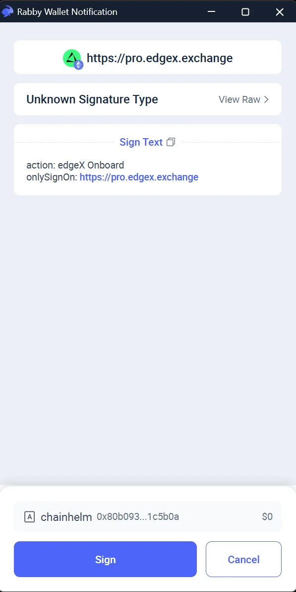 The final request shows an "edgeX Onboard" action pinned to the official domain, with "Sign" and "Cancel" as the only choices.