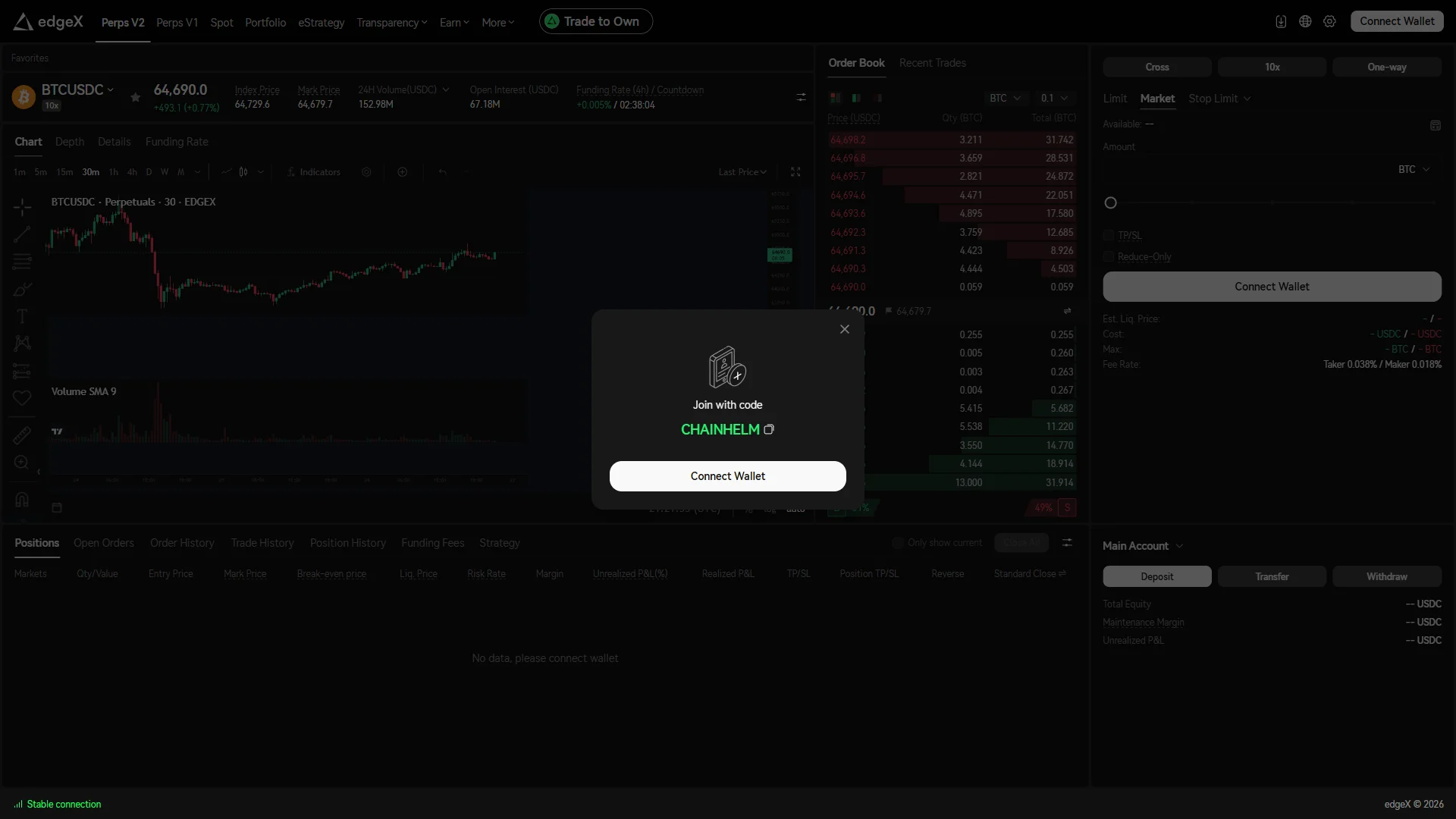 A "Join with code" modal over the BTCUSDC screen shows "CHAINHELM" already applied above the "Connect Wallet" button.