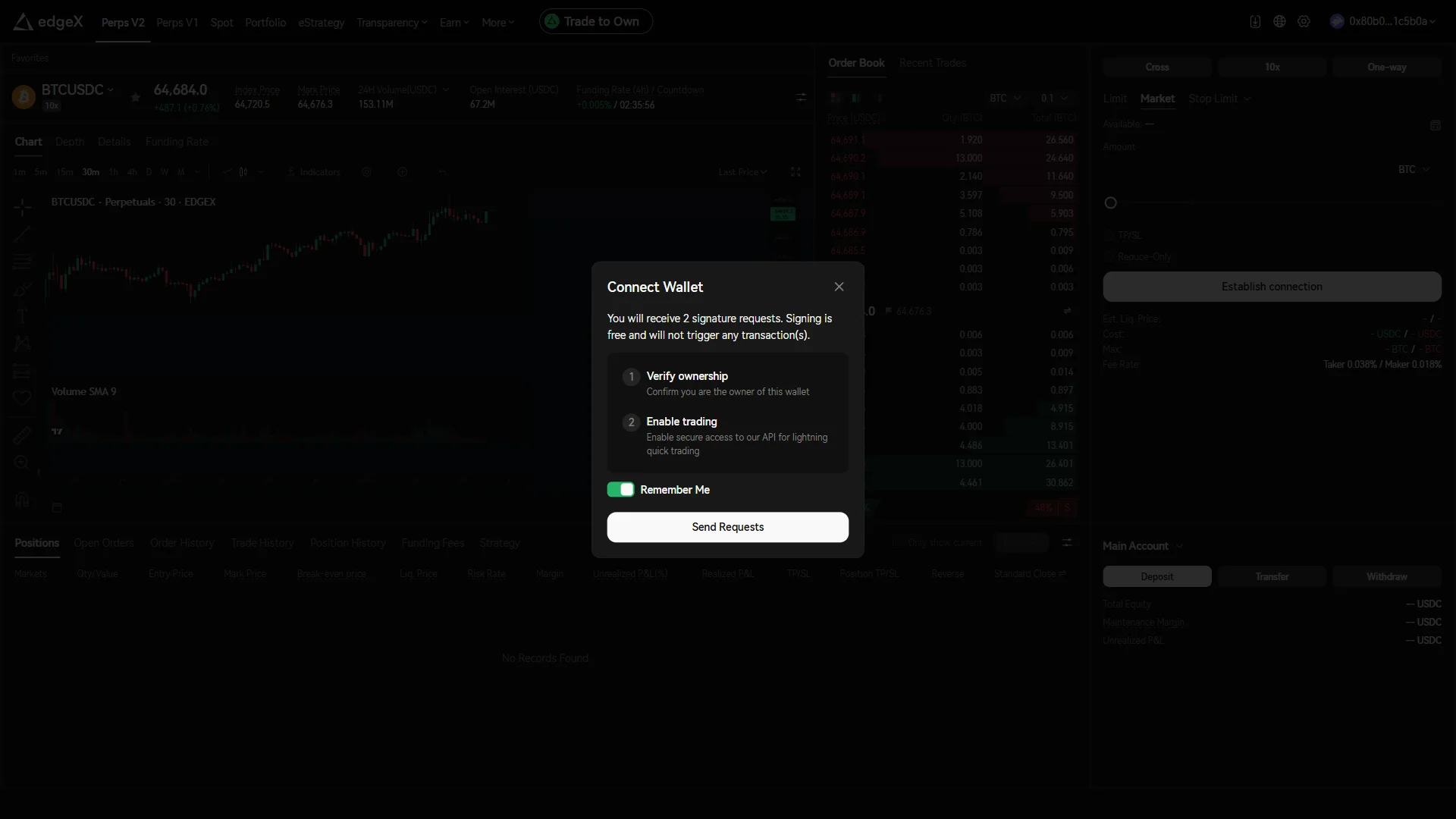 The modal lists "Verify ownership" and "Enable trading" as two free signatures, with "Remember Me" on above "Send Requests".
