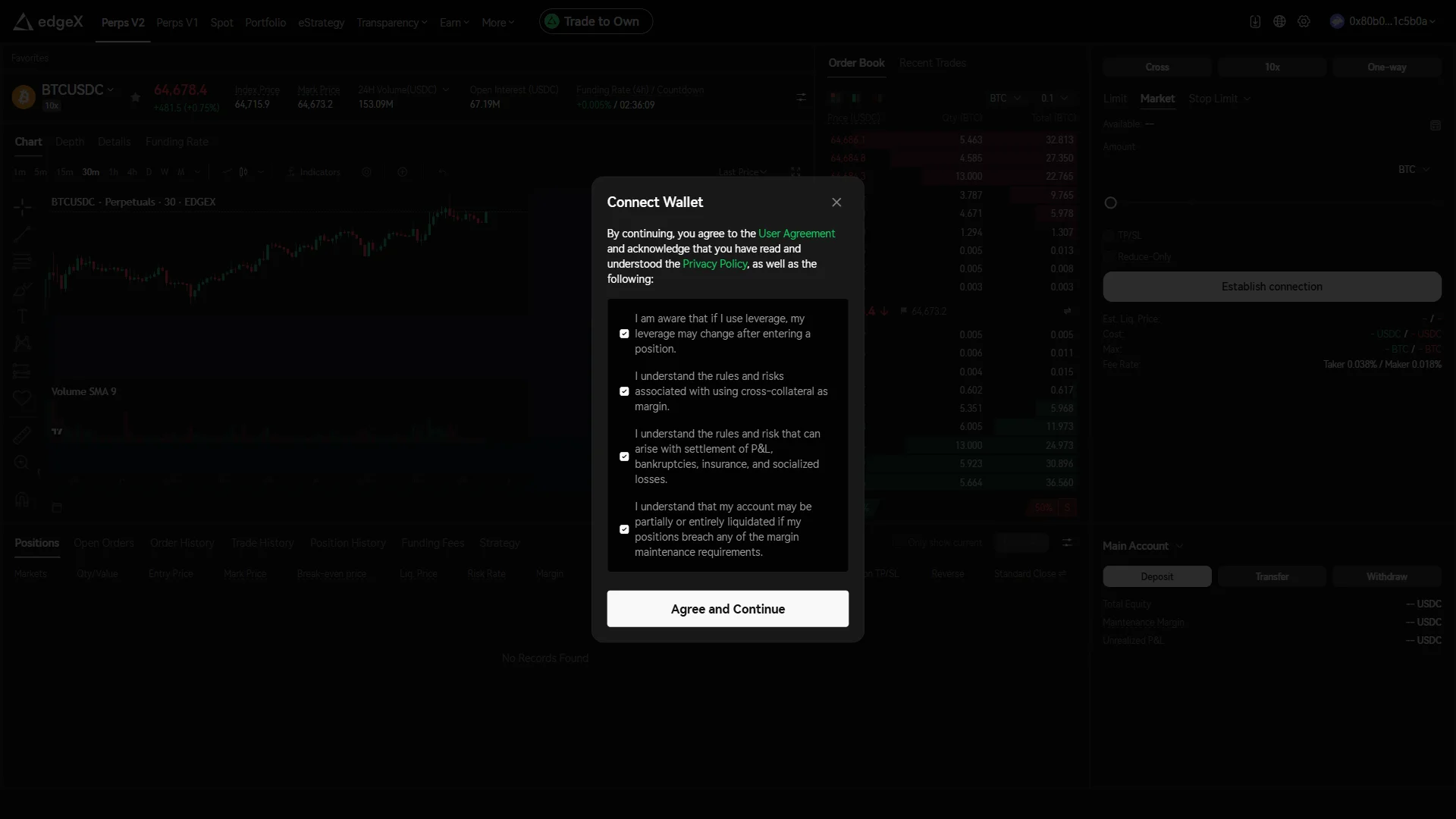 The "Connect Wallet" modal shows the agreement and privacy links above four checked risk acknowledgments and "Agree and Continue".