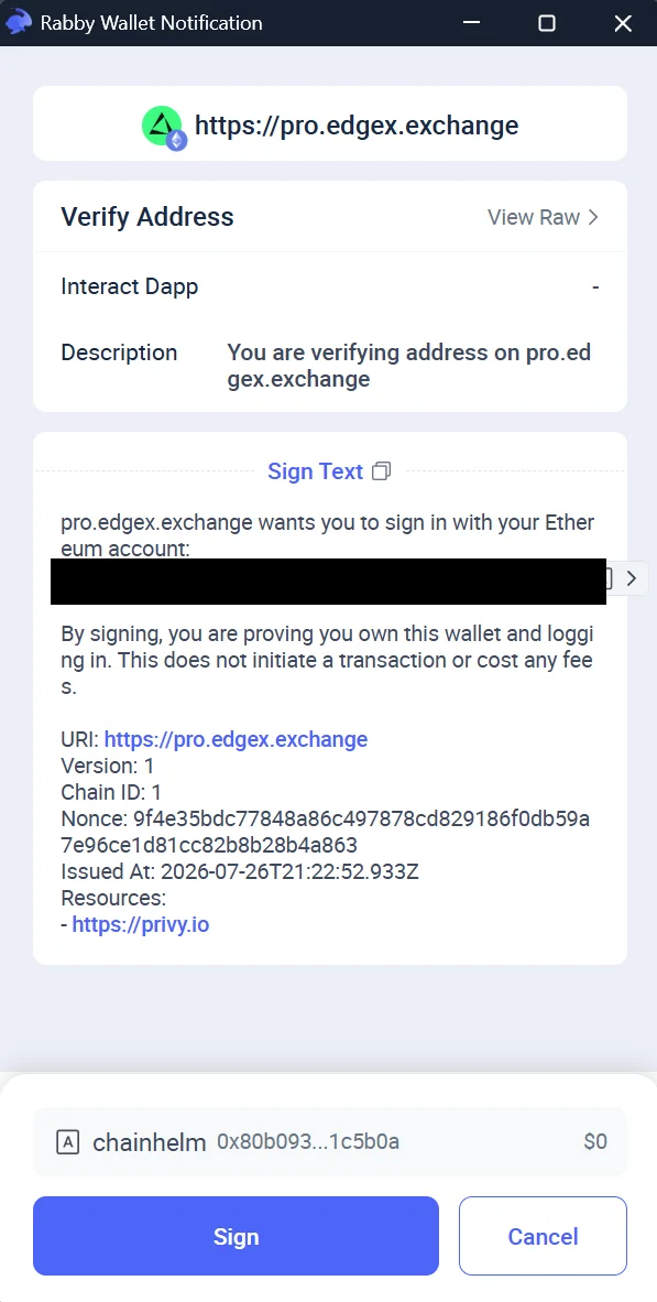 The "Verify Address" request shows sign-in text stating that no transaction or fee is involved, with "Sign" and "Cancel" below.