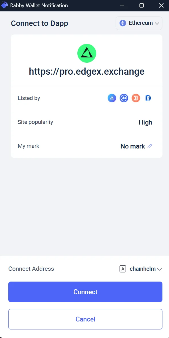 The wallet's "Connect to Dapp" window shows the site domain and network above the "Connect Address" row and the "Connect" button.