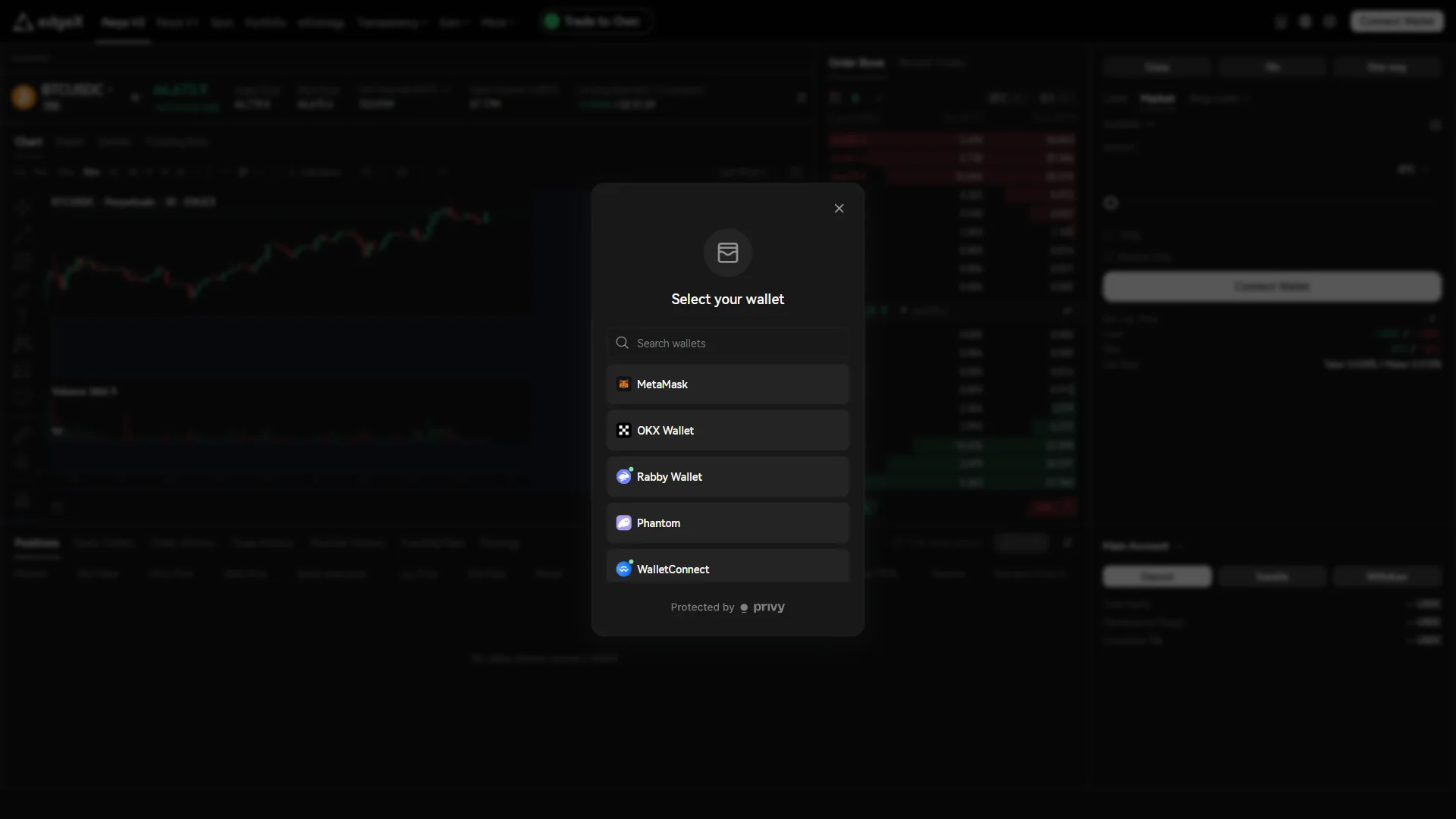 A search field sits above the wallet list, which shows "MetaMask", "OKX Wallet", "Rabby Wallet", "Phantom", and "WalletConnect".