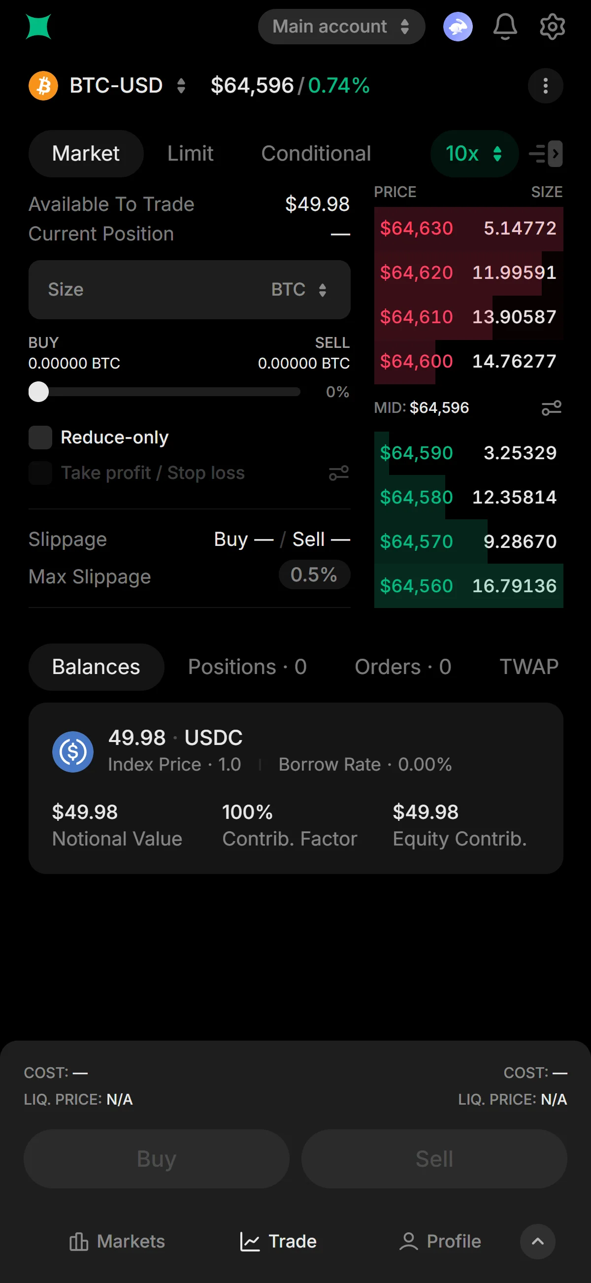 Balance on the trade screen