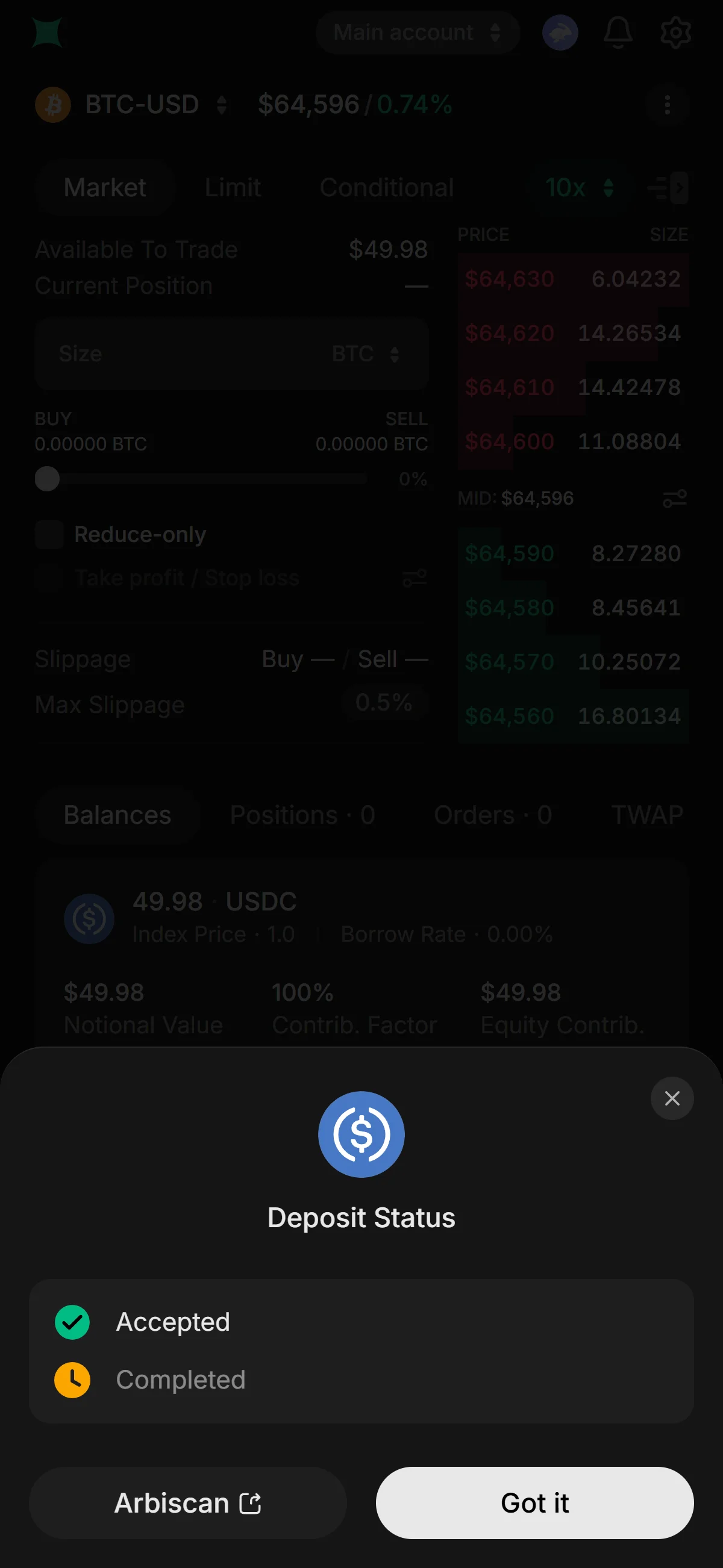 Deposit accepted on mobile