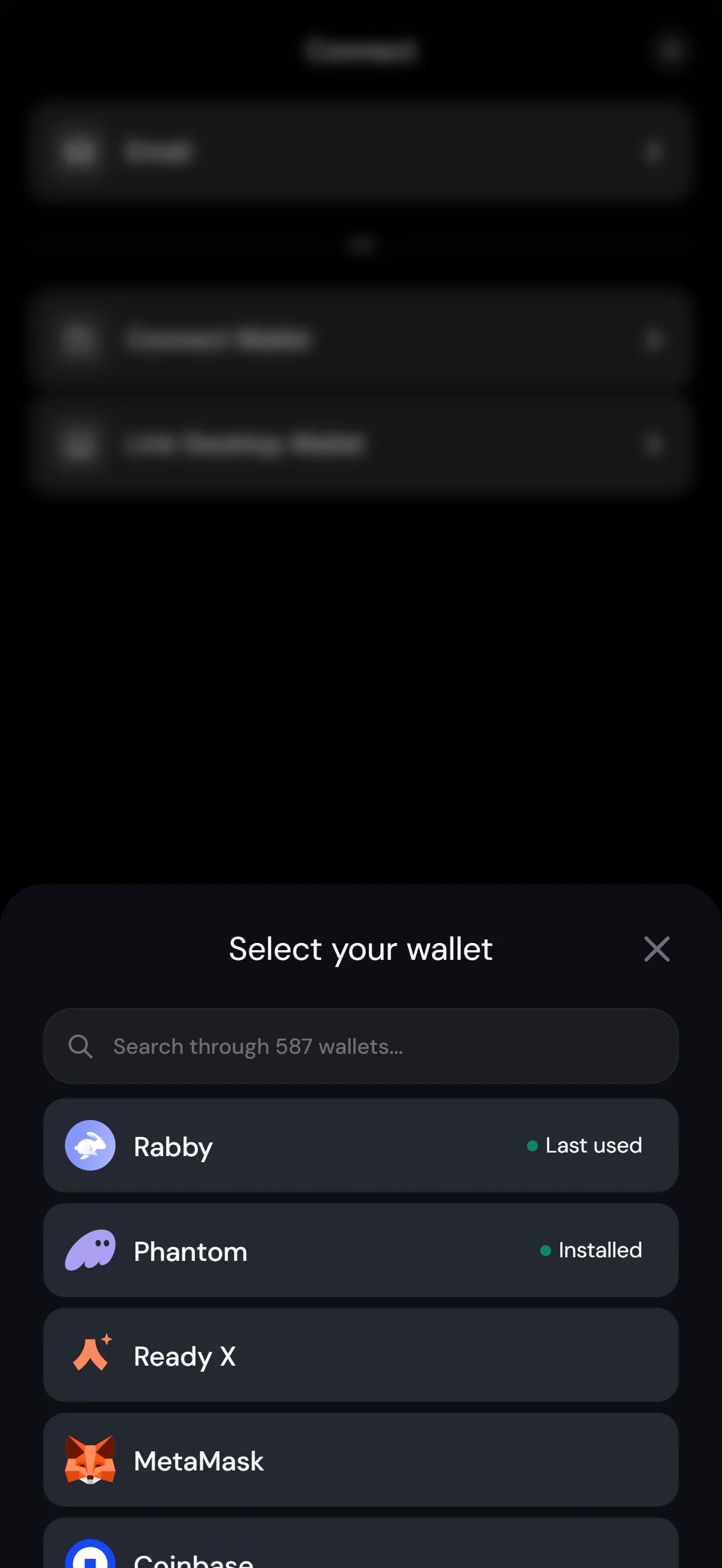 Wallet selection list