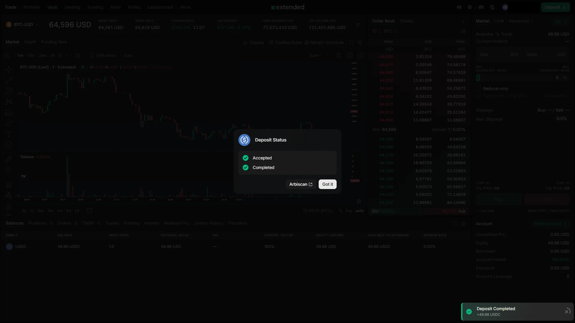 Deposit completed
