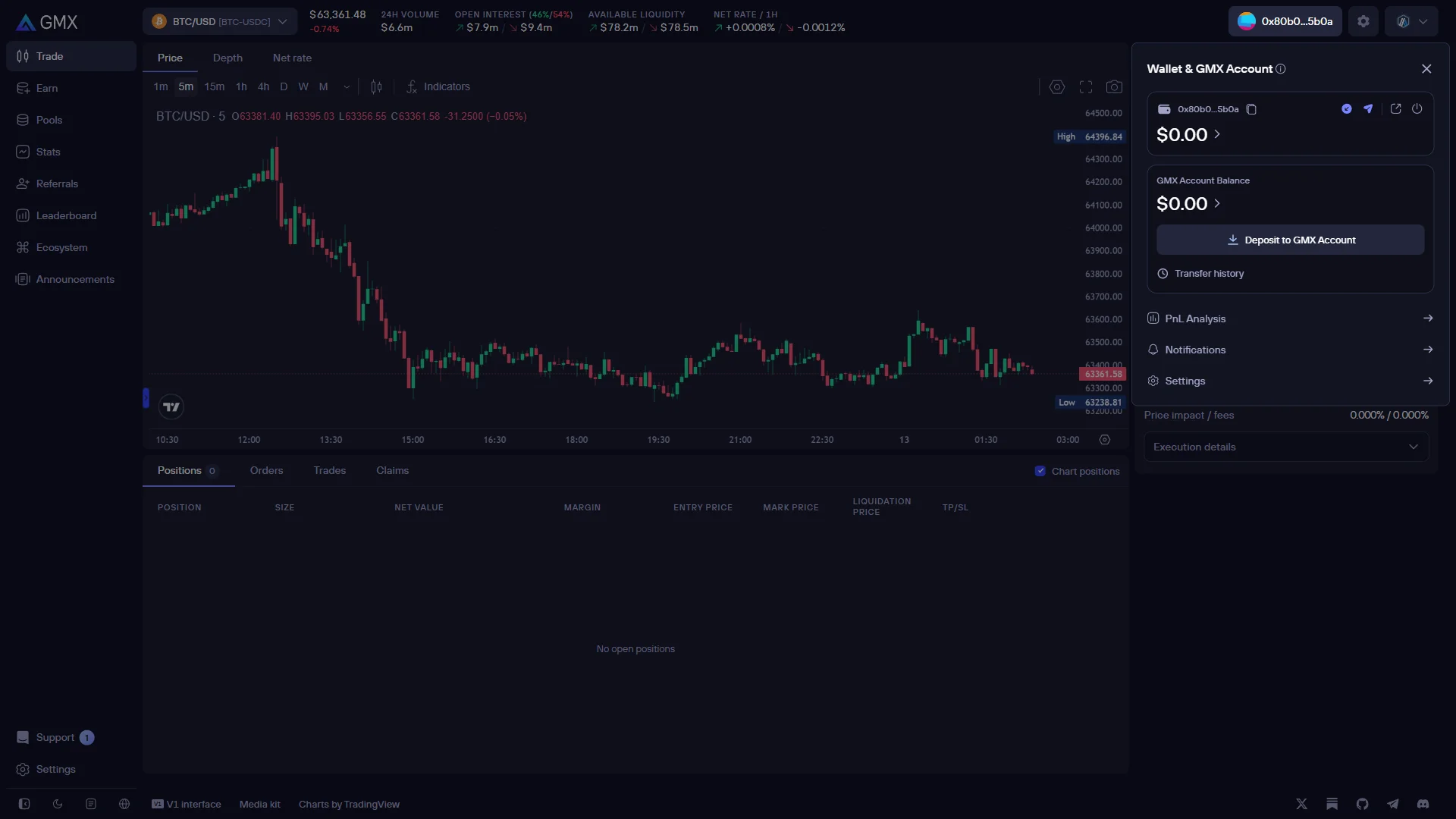 Wallet and GMX Account panel