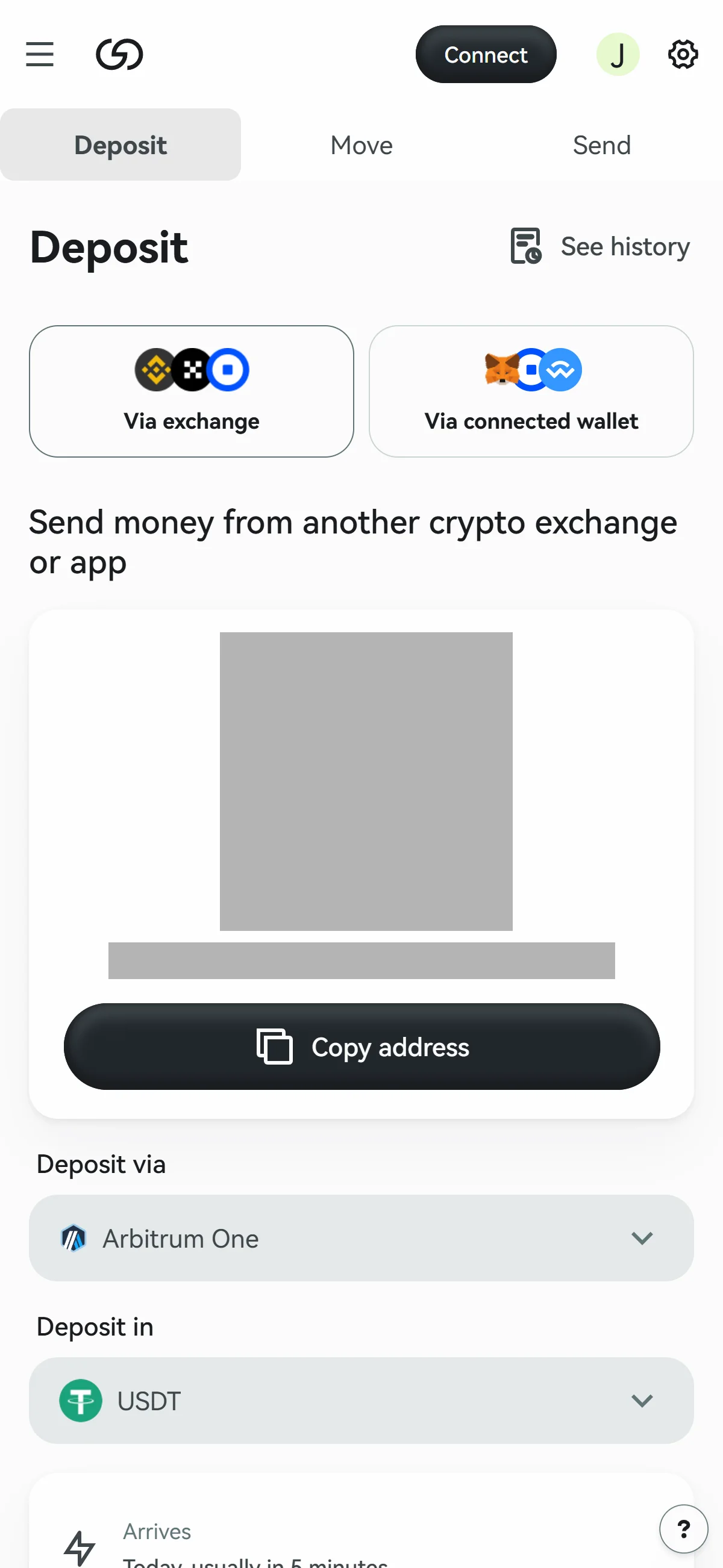 Deposit screen on mobile