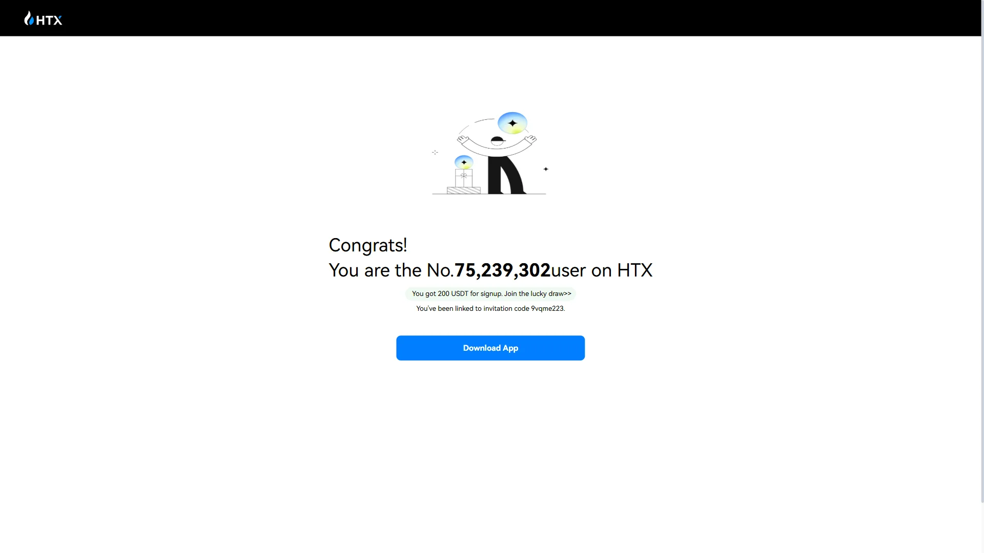 HTX sign-up completion screen linked to invitation code 9vqme223