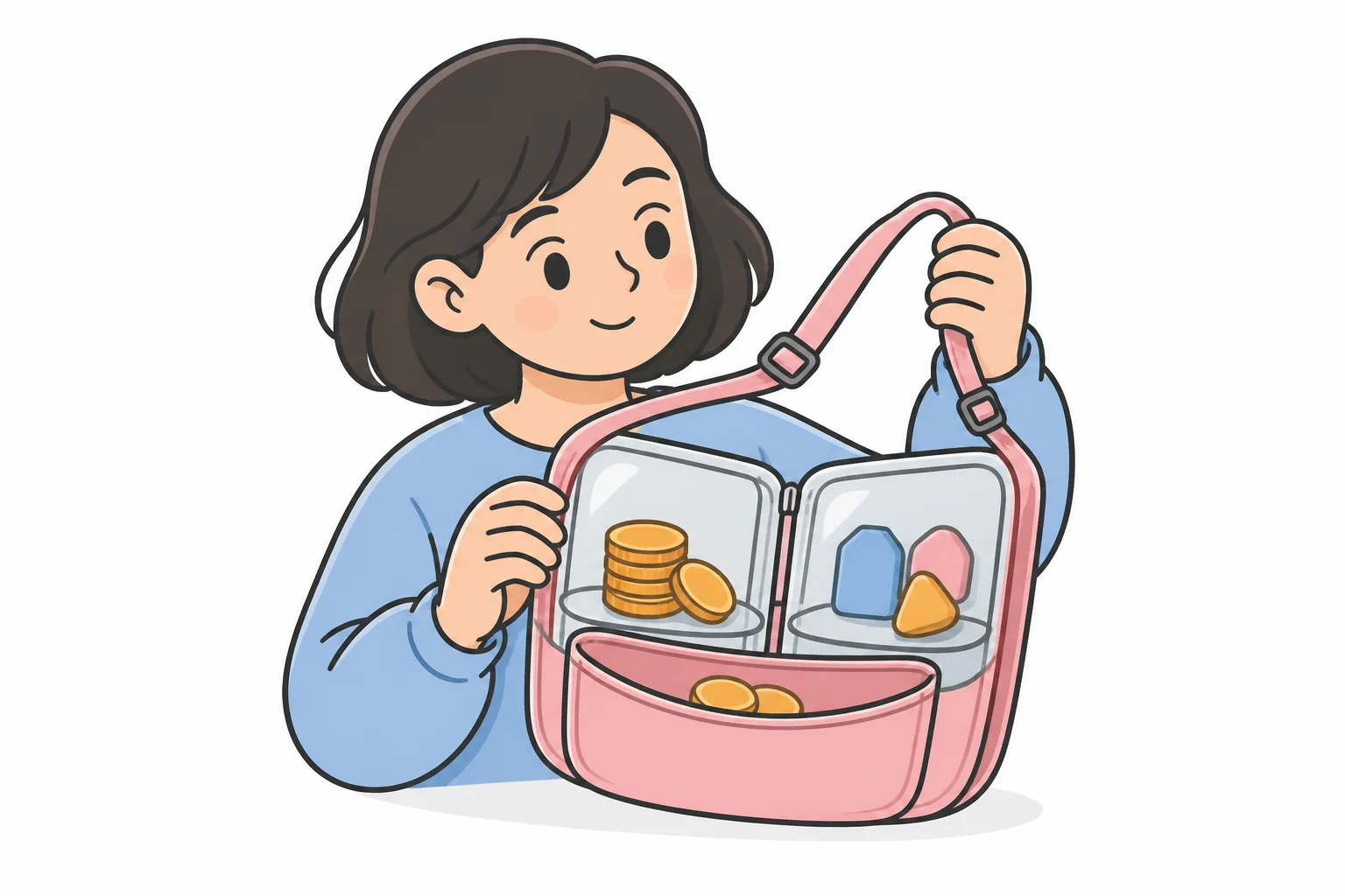 A person holding open a satchel with two transparent compartments — stacked coins on one side, small colored tokens on the other — and a front pocket holding loose coins