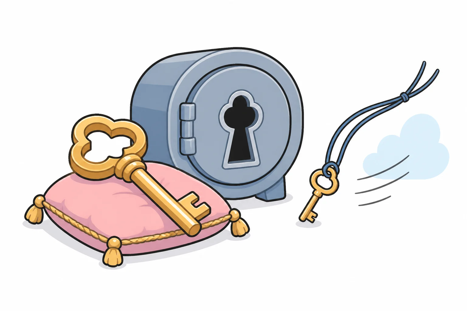 A large ornate key resting on a cushion beside a closed vault, while a small plain key on a cord swings away to go work
