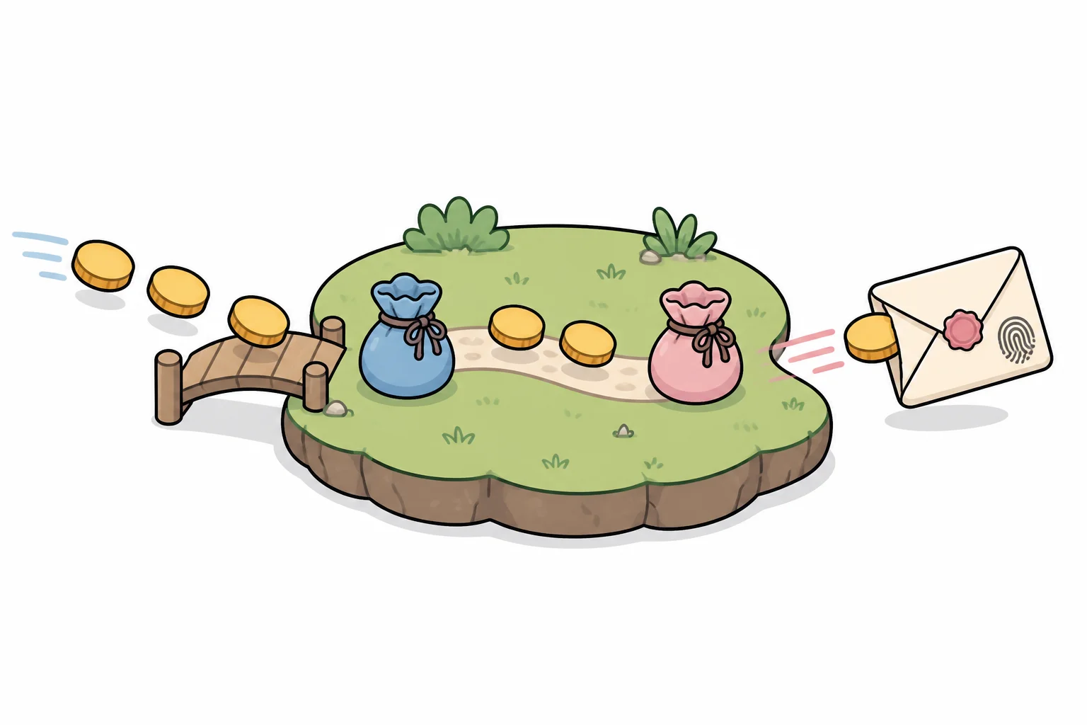 Coins hopping across a small bridge onto an island where two pouches are joined by a path, while a sealed envelope carries a coin away on the far side