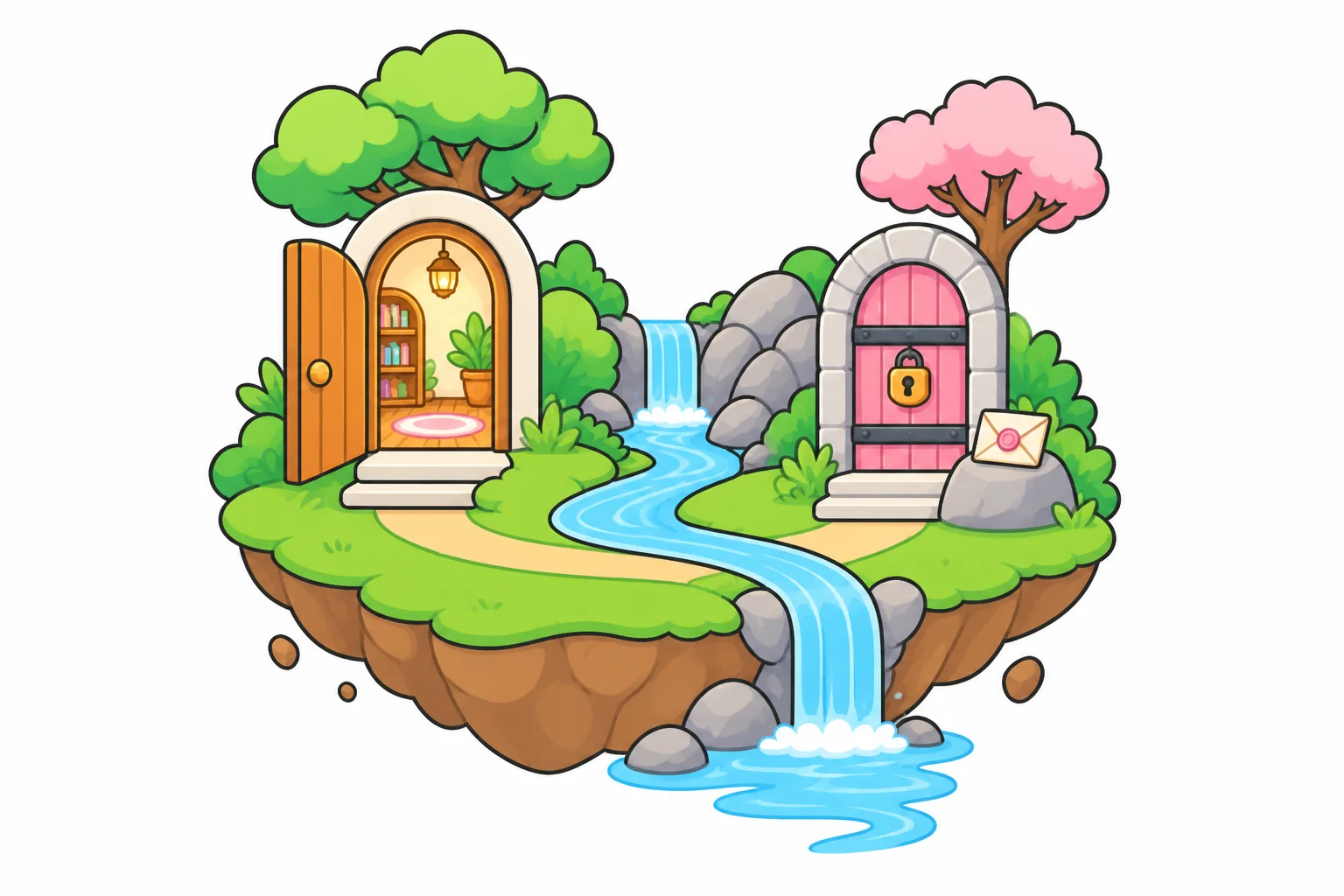 A floating island with two doors — one standing open onto a bright library, the other locked with a padlock while a sealed envelope waits beside it — and a stream flowing off the island's edge