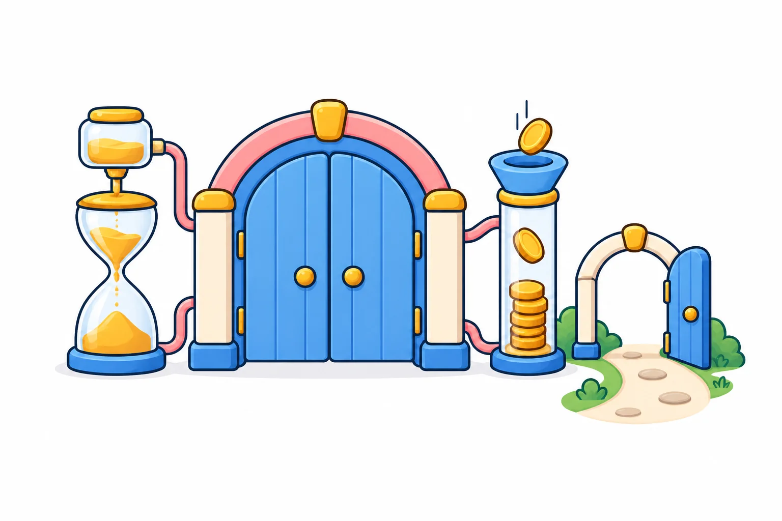 A closed gate flanked by an hourglass meter on one side and a clear tube being fed coins on the other, with a small open archway beside it