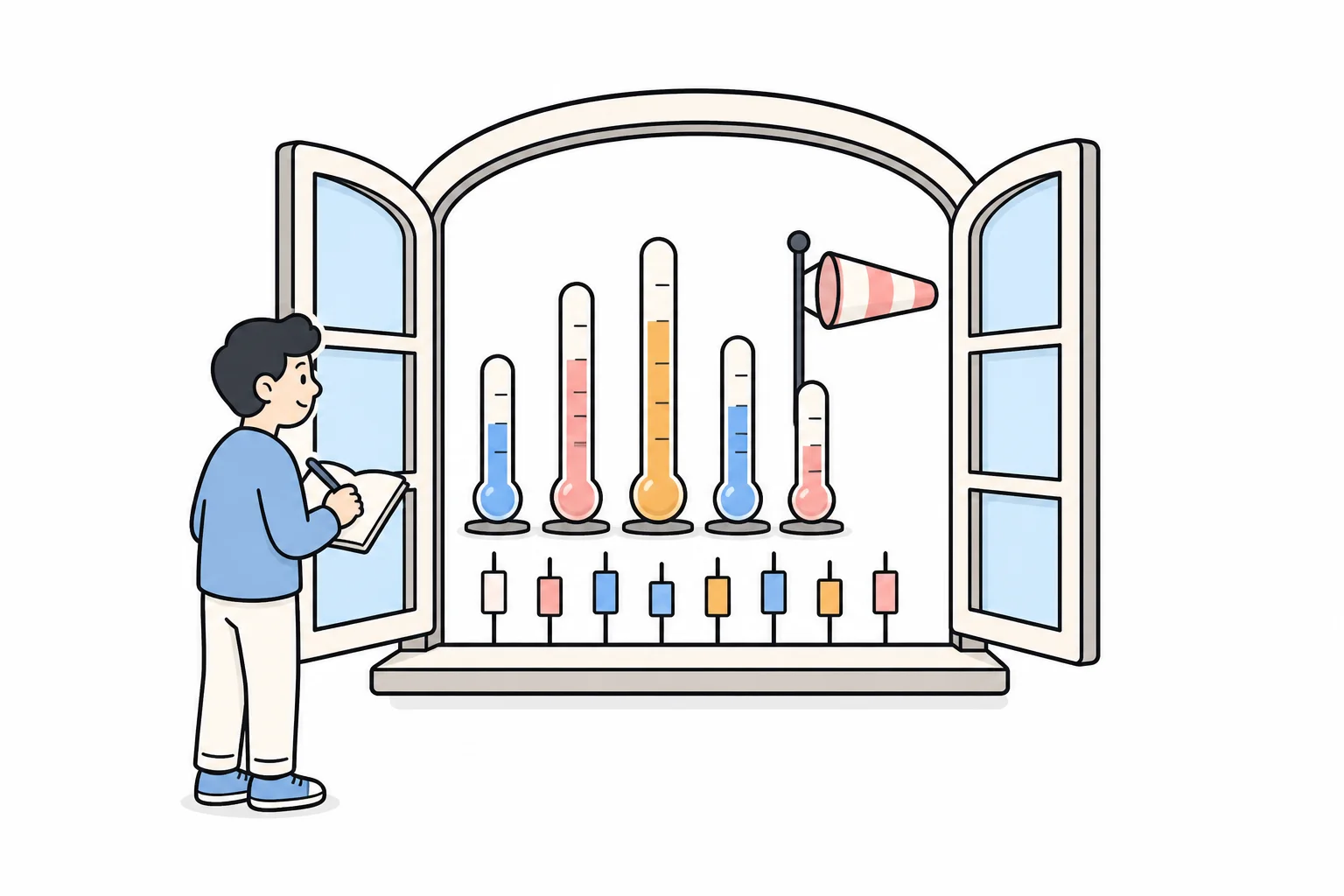 A person taking notes at an open window filled with thermometers of different heights, a row of small candles and a striped windsock
